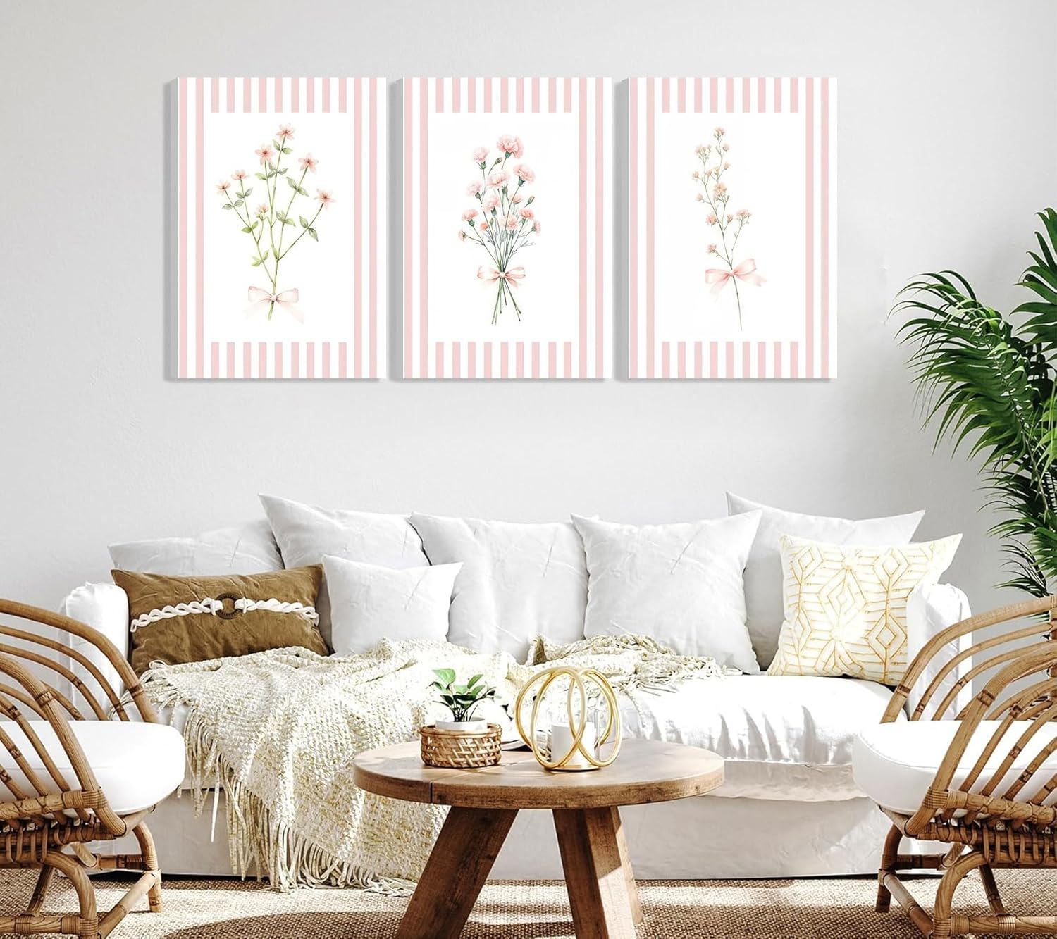QJPEGZB 3Pcs Pink Bow Floral Canvas Wall Art Pink and White Striped Preppy Bloom Painting Pictures Flower Plant Wall Decor Prints for Living Room Bedroom Girl Room Home Decoration 12x16in Framed