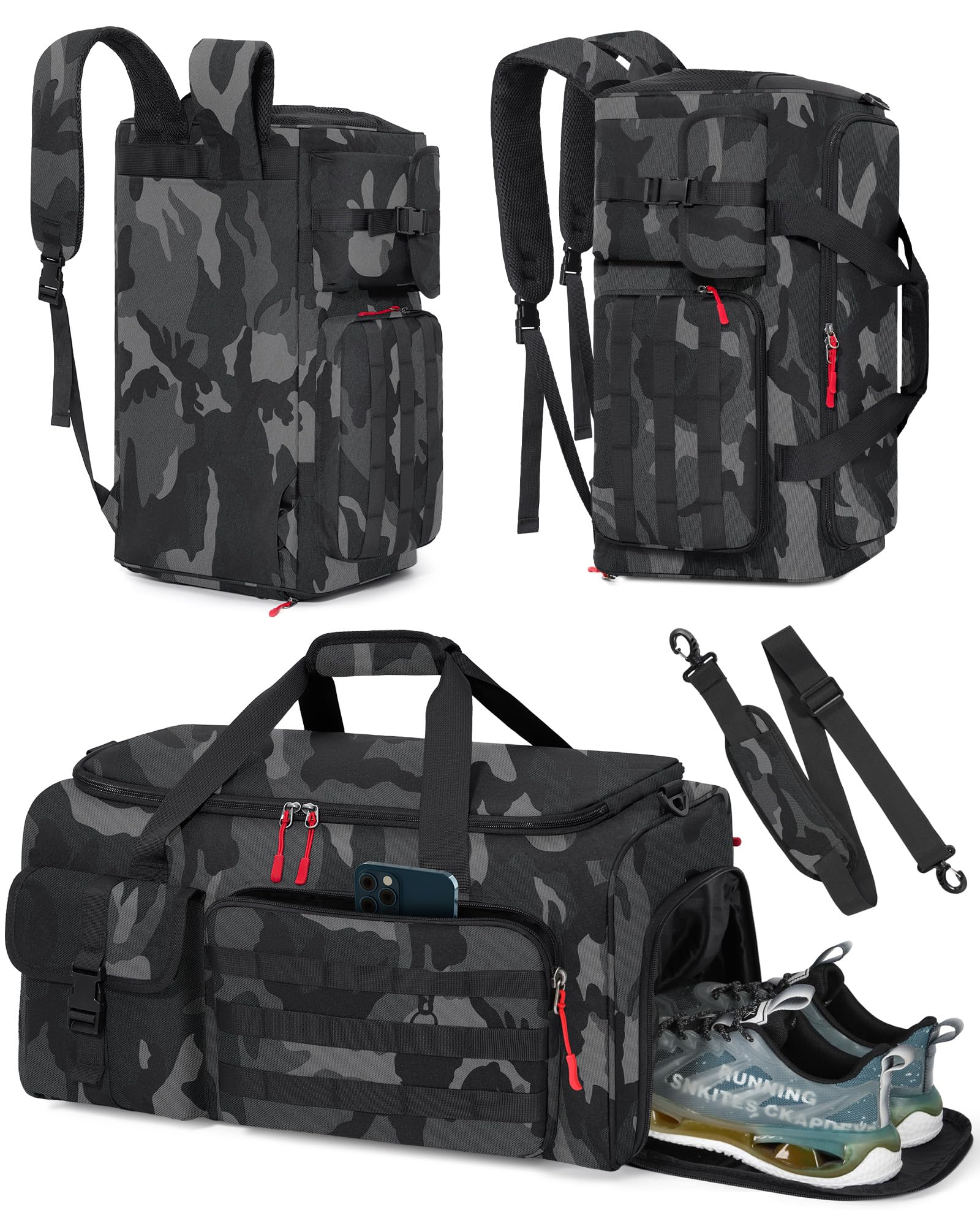 RAINSMORE Sports Gym Bag Mens Travel Duffel Bag 45L with Shoes & Laptop Compartment Backpack Carry on Holdall Bags Weekender Overnight Bags