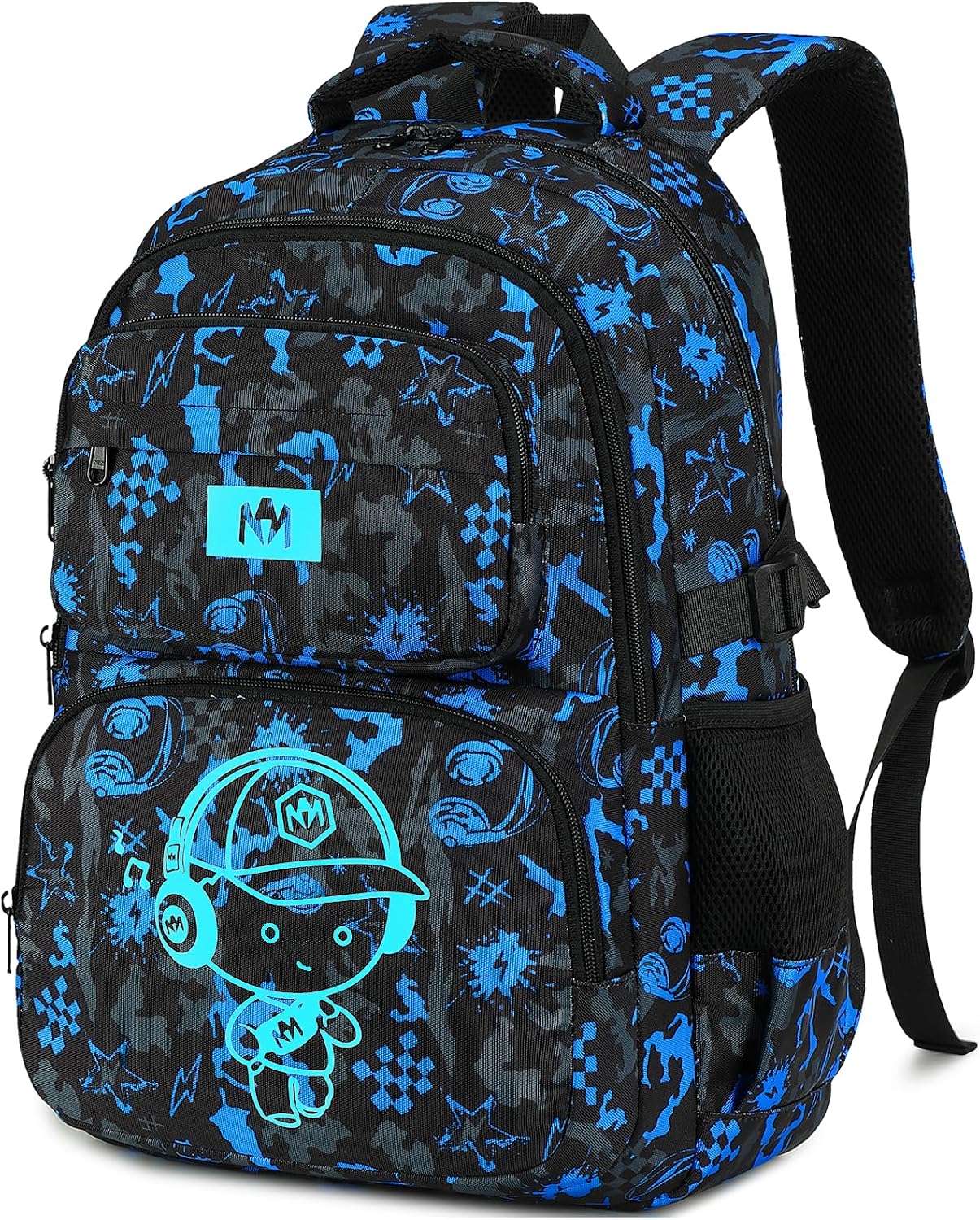 Bluboon Kids Backpack Boys Camo Bookbag Teens Elementary School Bag Daypack Travel Back Pack Middle school (Blue Graffiti - Luminous)