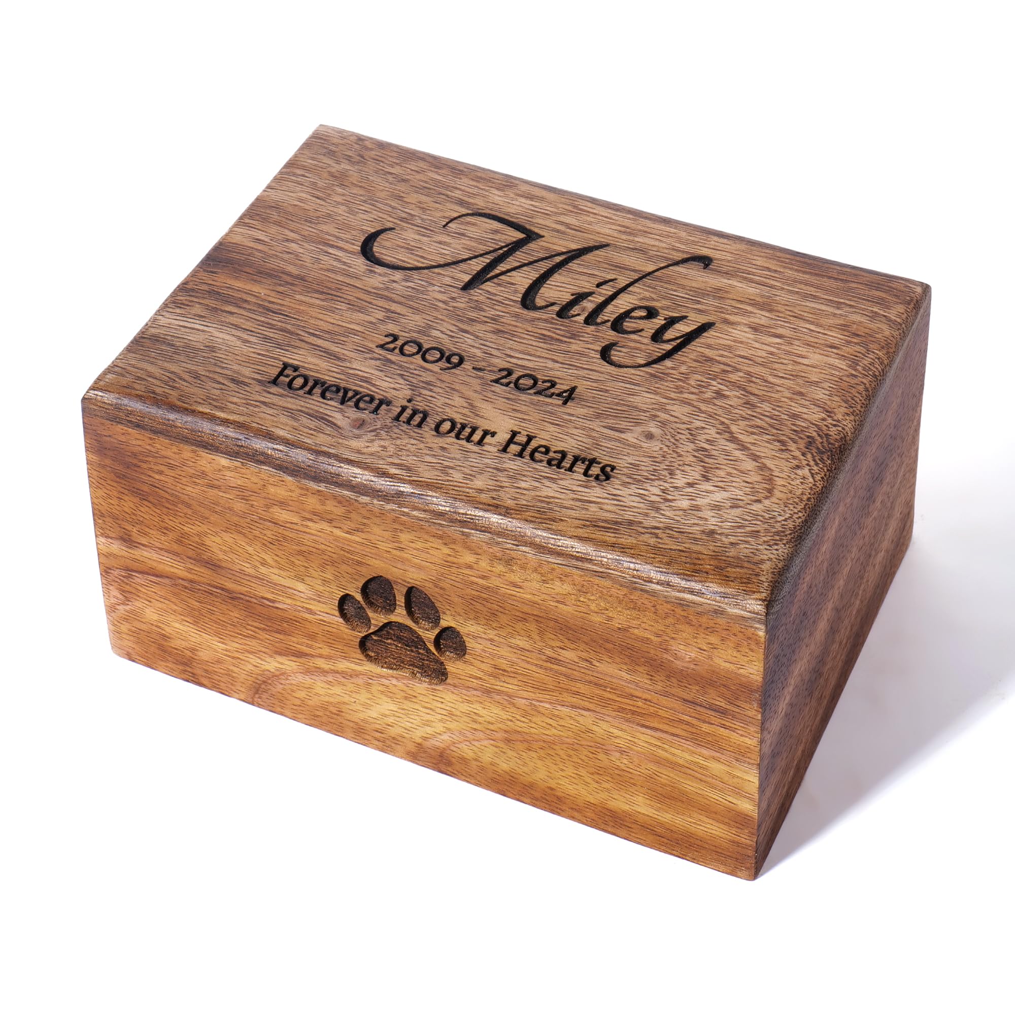 Handcrafted Paw Print Wooden Cremation Urn for Human & Pet Ashes, Memorial Wood Funeral Urn Box for Dogs, Cats & Adults, Male & Female, Burial Keepsake, Custom Sizes Small to XL (40–250 lbs Capacity)