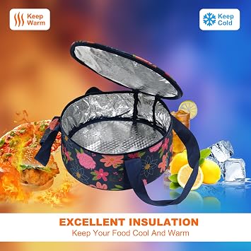 Round Insulated Casserole Carrier, Leakproof Thermal Food Carrier for Hot Cold Food, Portable Potluck Picnic Bag with Padded Handle (Blue Floral)