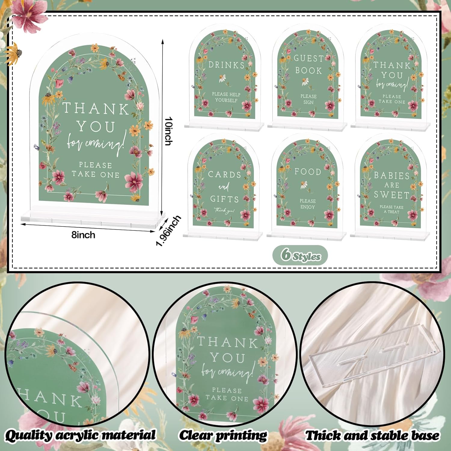 Thyle 6 Pcs Wildflowers Baby in Bloom Shower Table Decorations Sign Thank You Acrylic Sign Centerpieces with Stand 8 x 10" Wedding Birthday Party Decorations for Guests Gifts