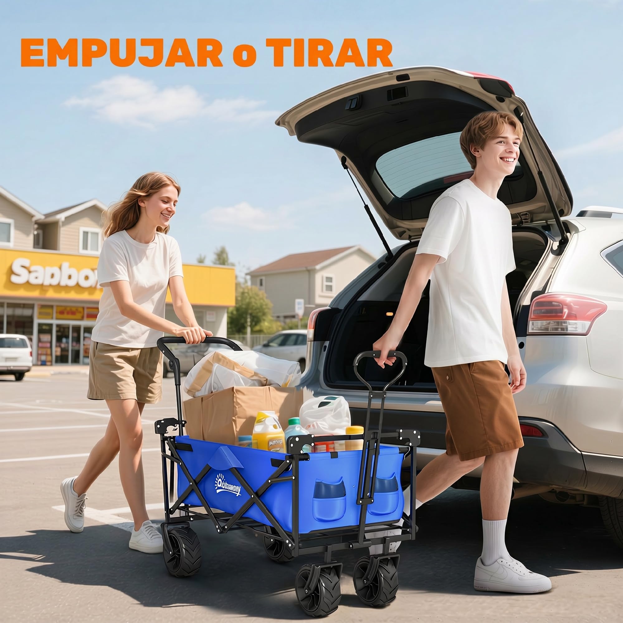 Outsunny Carro Transporte Plegable Ruedas Universales 117x55x98 cm Azul | Carro de Mano Plegable, Toldo, Manillar Regulable en Altura, Carga Máx. 68 kg, Carro Playa Plegable, Jardín Camping