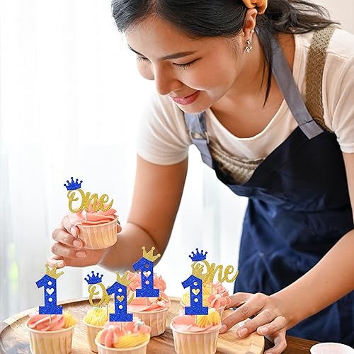 Miniatura 5 de Paquete de 24 adornos para magdalenas de primer cumpleaños, con purpurina, una corona, corazón, para cupcakes, baby shower, primer cumpleaños,