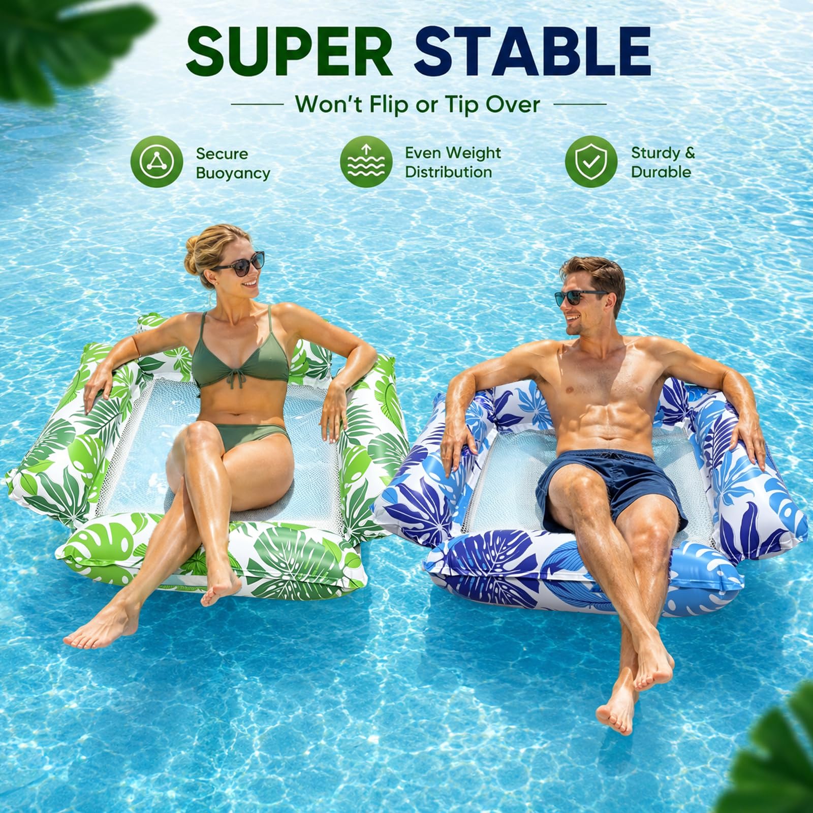 Hamaca Hinchable Piscina Set de 2, dellyy Sillon Hinchable Piscina para Adultos con Malla Transpirable, Hamaca de Agua con Respaldo y Soporte para Piernas, Ideal para Playa, Vacaciones y Relax
