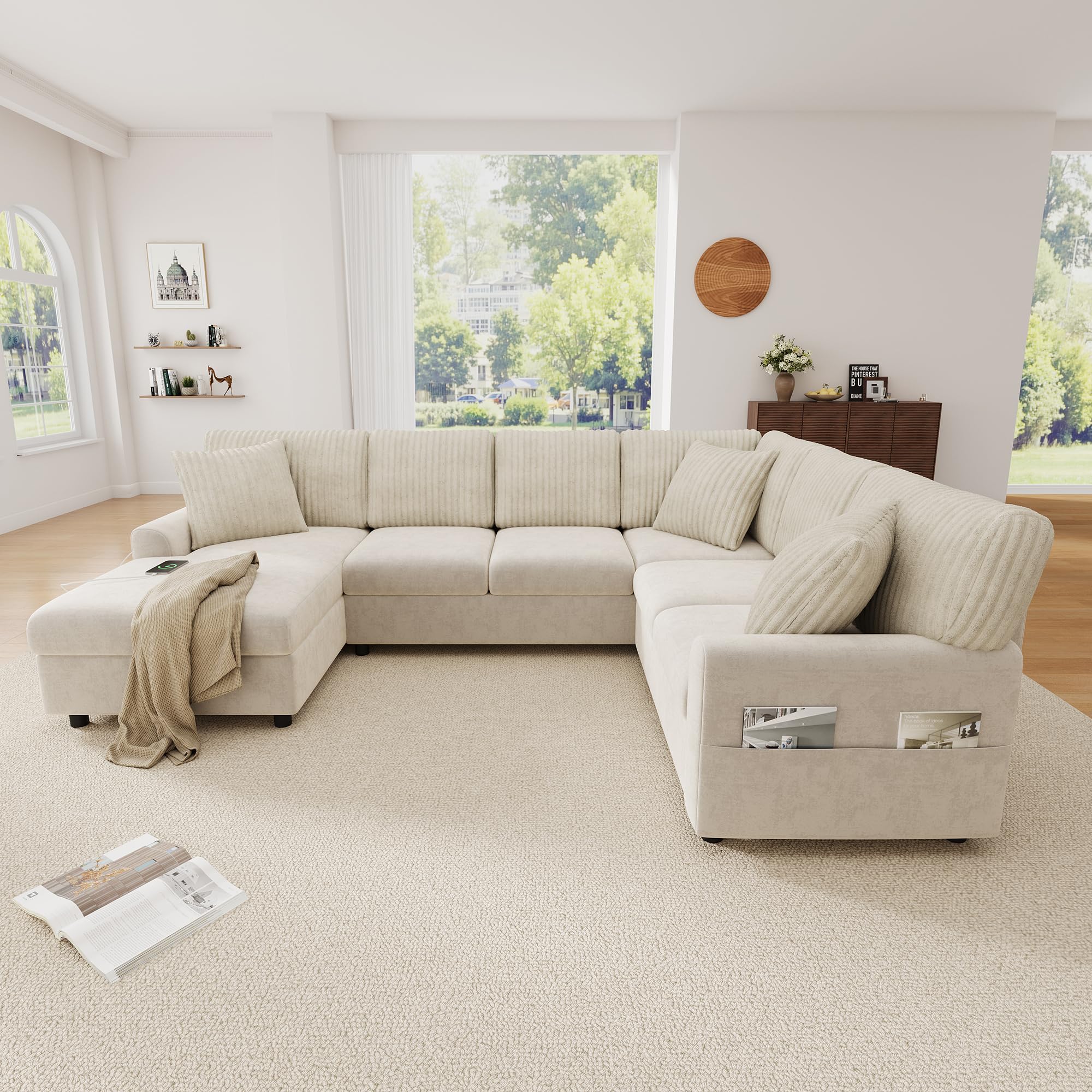 Sofá esquinero moderno en forma de U con 1 chaise longue, 3 cojines, color beige, 249 x 83 x 196 cm, reposabrazos laterales con bolsillos para revistas