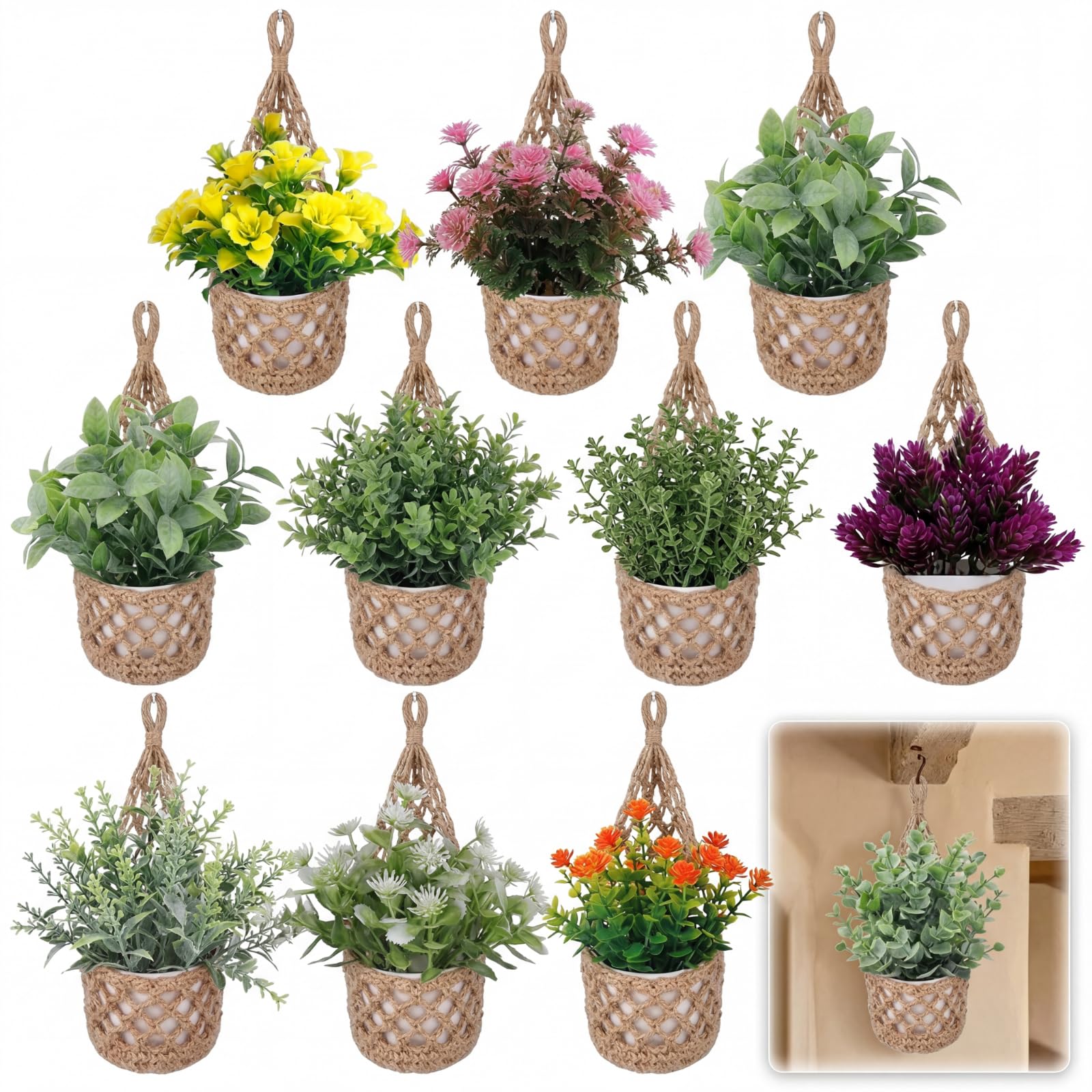 Photo 1 of GliCraft 10 Pack Macrame Wall Plant Hanger with Artificial Pot Flower - Boho Wall Hanging Planter for Indoor Plant Cotton Rope Holder with Mini Fake Pot Flower for Home Wedding Decor Gift(Jute)