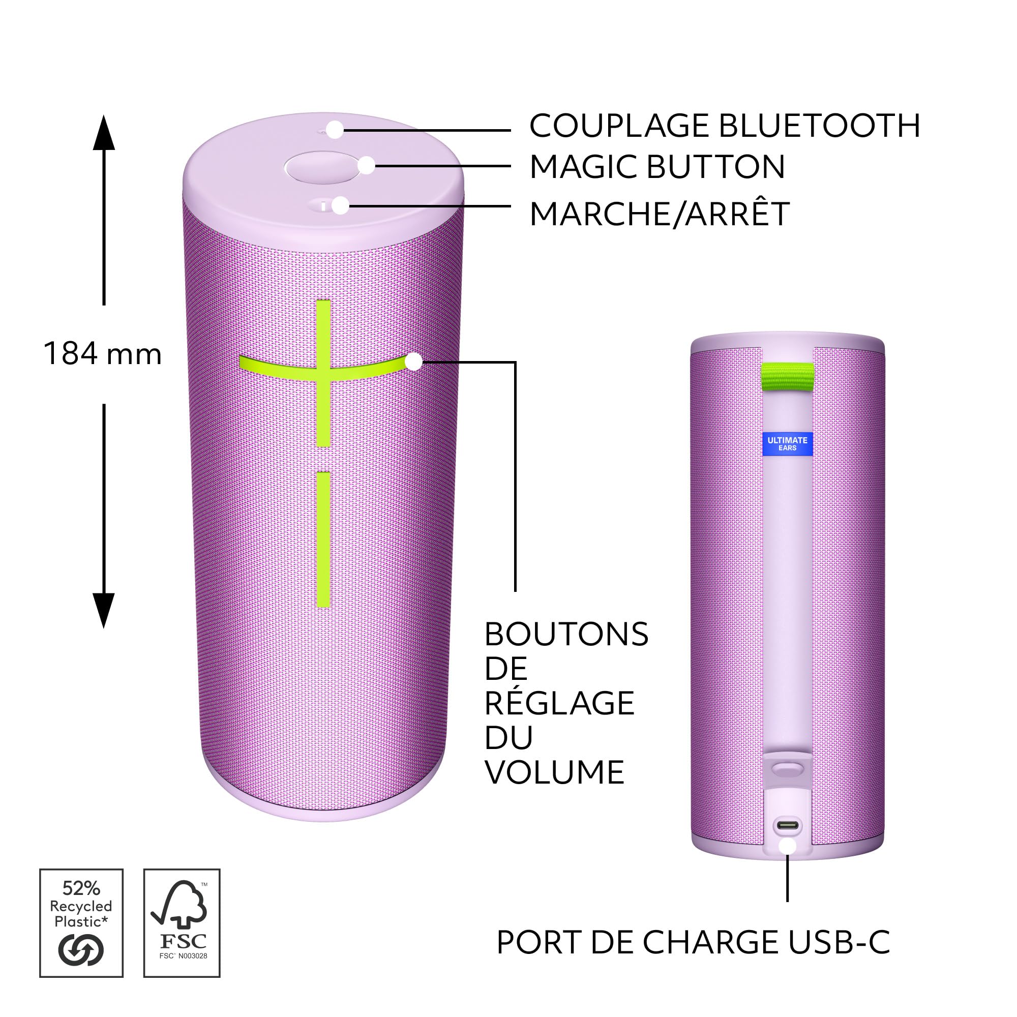 Ultimate Ears Boom 4 Enceinte Bluetooth Portable étanche avec 360 degrés, Son Audacieux, immersif, cristallin, Haut-Parleur Flottant avec Batterie de 15 Heures et portée de 45 m – Lilas