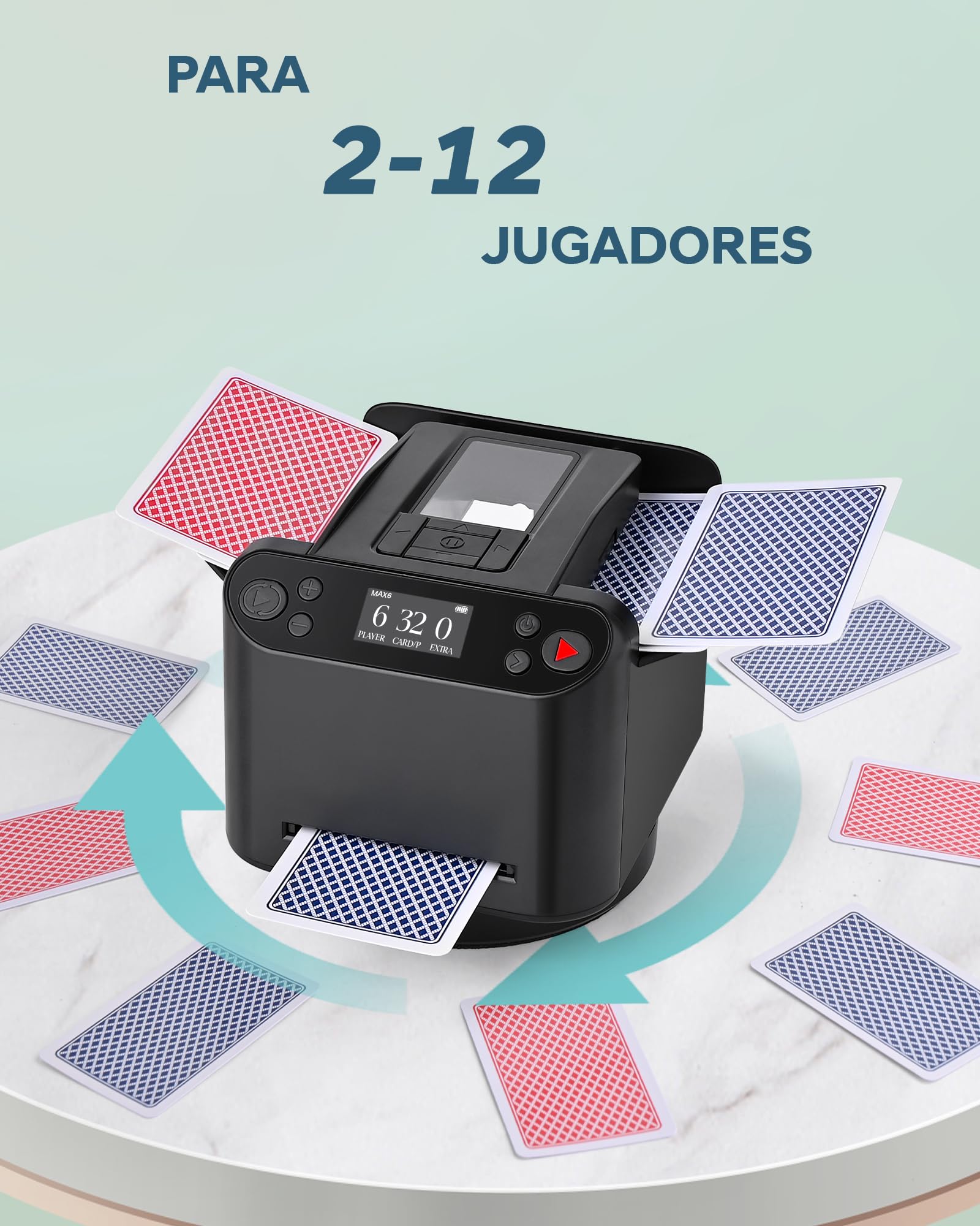 Barajador y Repartidor Automático de Cartas – Giro 360° para 1–2 Barajas, 2–12 Jugadores con 4 Mandos a Distancia | Modos de Juego Integrados, Recargable y Silencioso para Poker, UNO (Negro)
