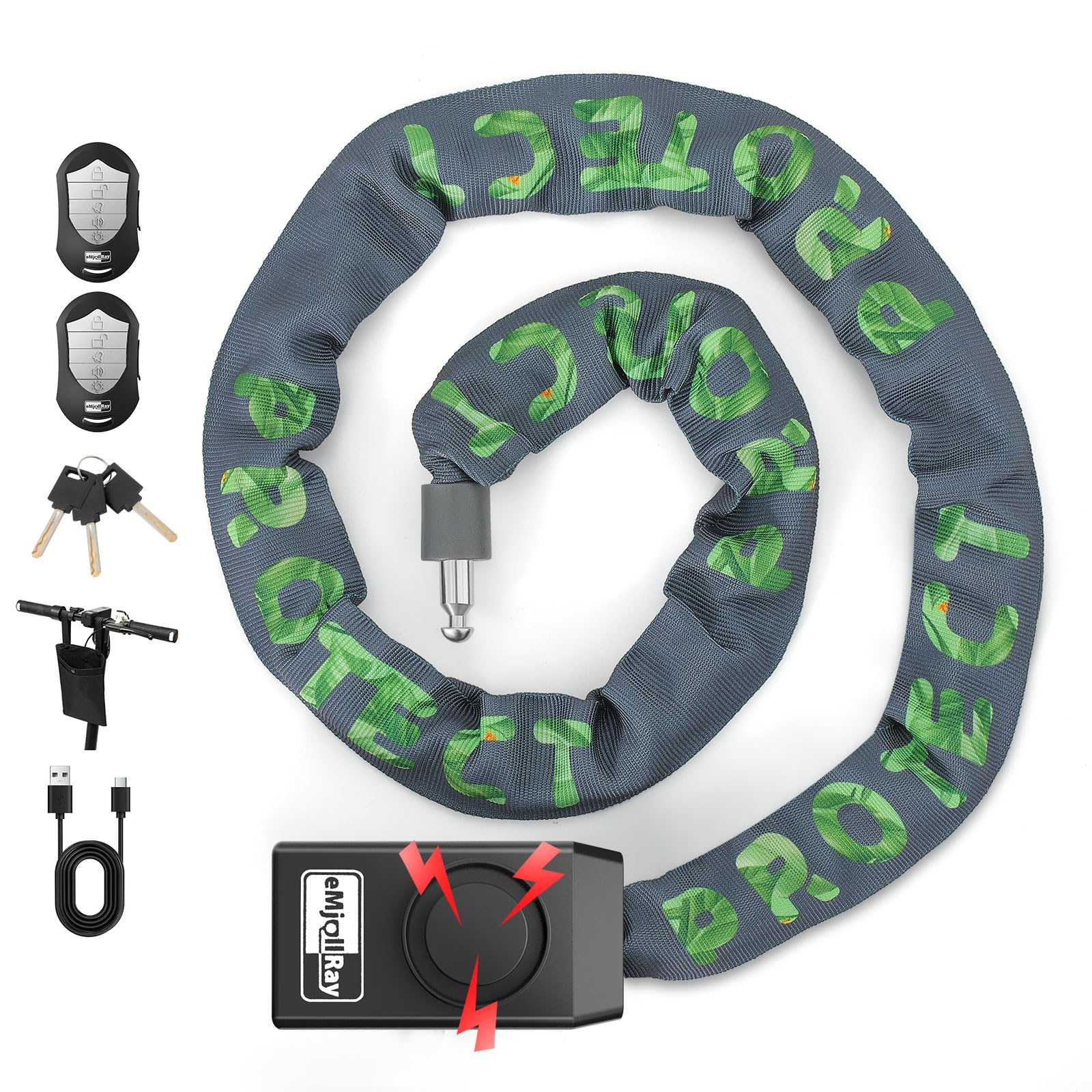 Candado de cadena para bicicleta con alarma, bloqueo antirrobo, 110 dB, seguridad de 4 pies, resistente con cable USB C y 3 llaves para bicicleta/scooter eléctrico/motocicleta