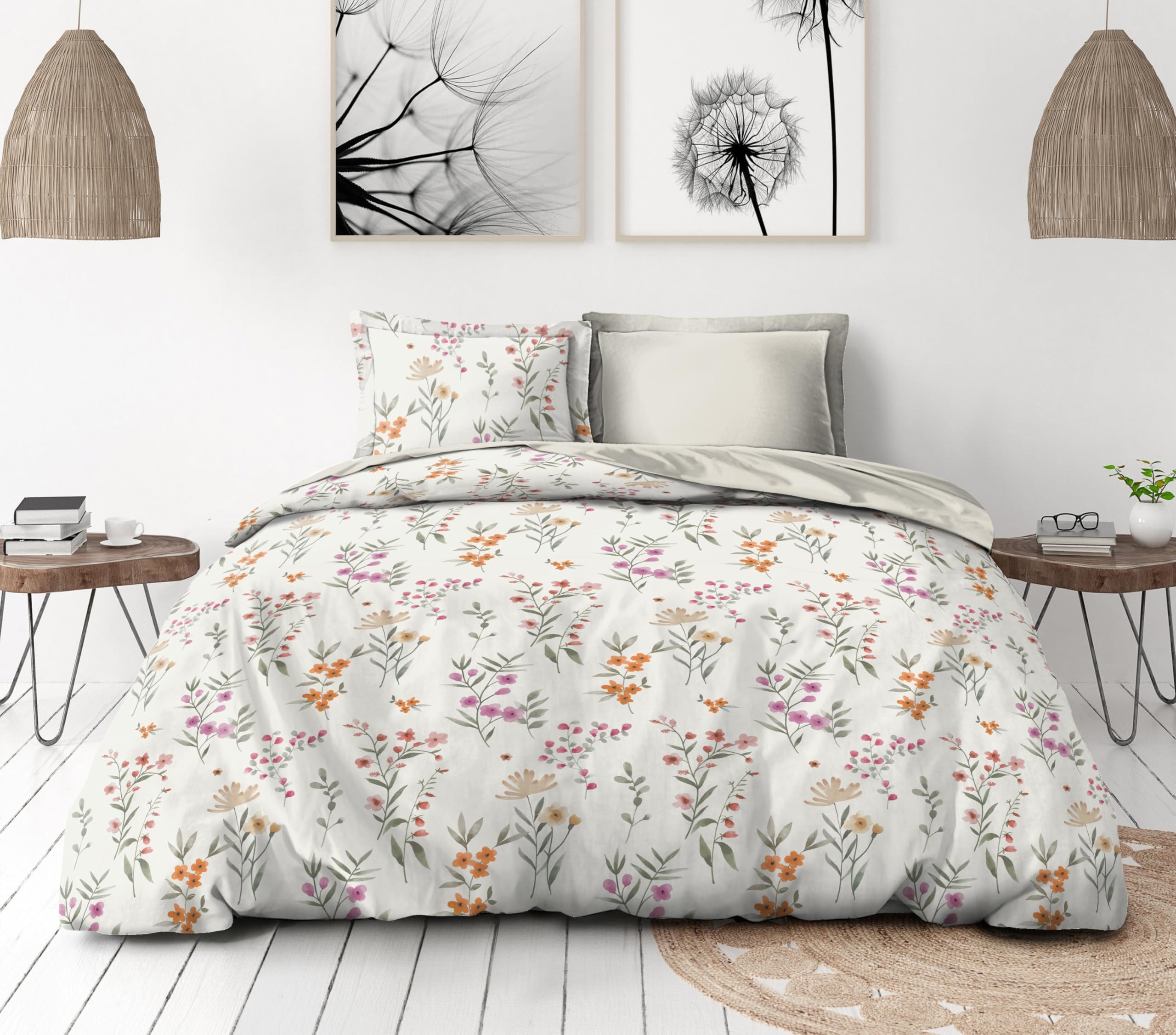 HOME LINGE PASSION Parure de Couette 220x240 cm – 3 pièces – Percale de Coton Douce – Housse + taies – Blanc cassé – Modèle La flamboyante