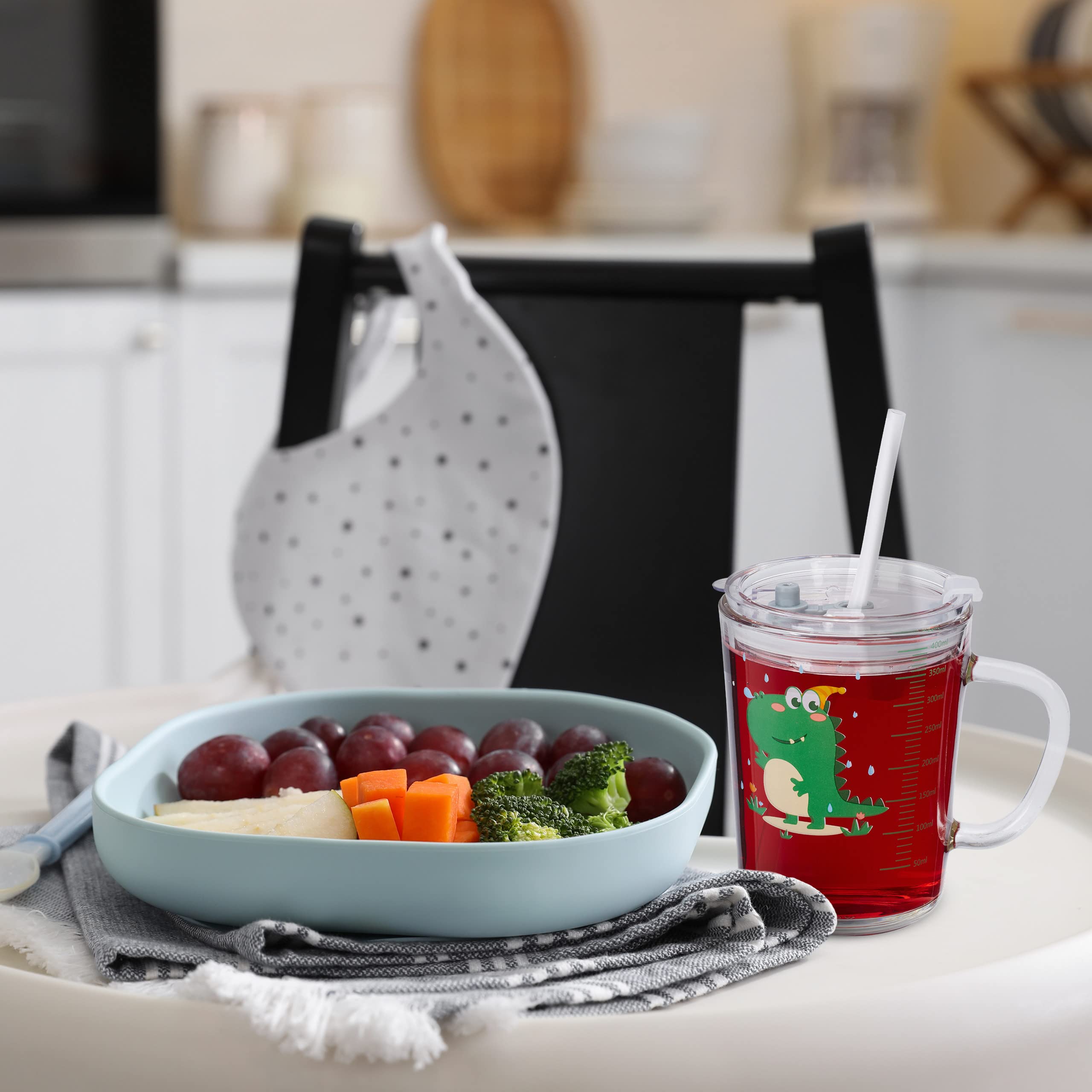 Relaxdays Set da 2 Tazze per Bambini, Vetro, Silicone, ABS, con Cannuccia Manico e Tappo, 400 ml, Dinosauro, Trasparente
