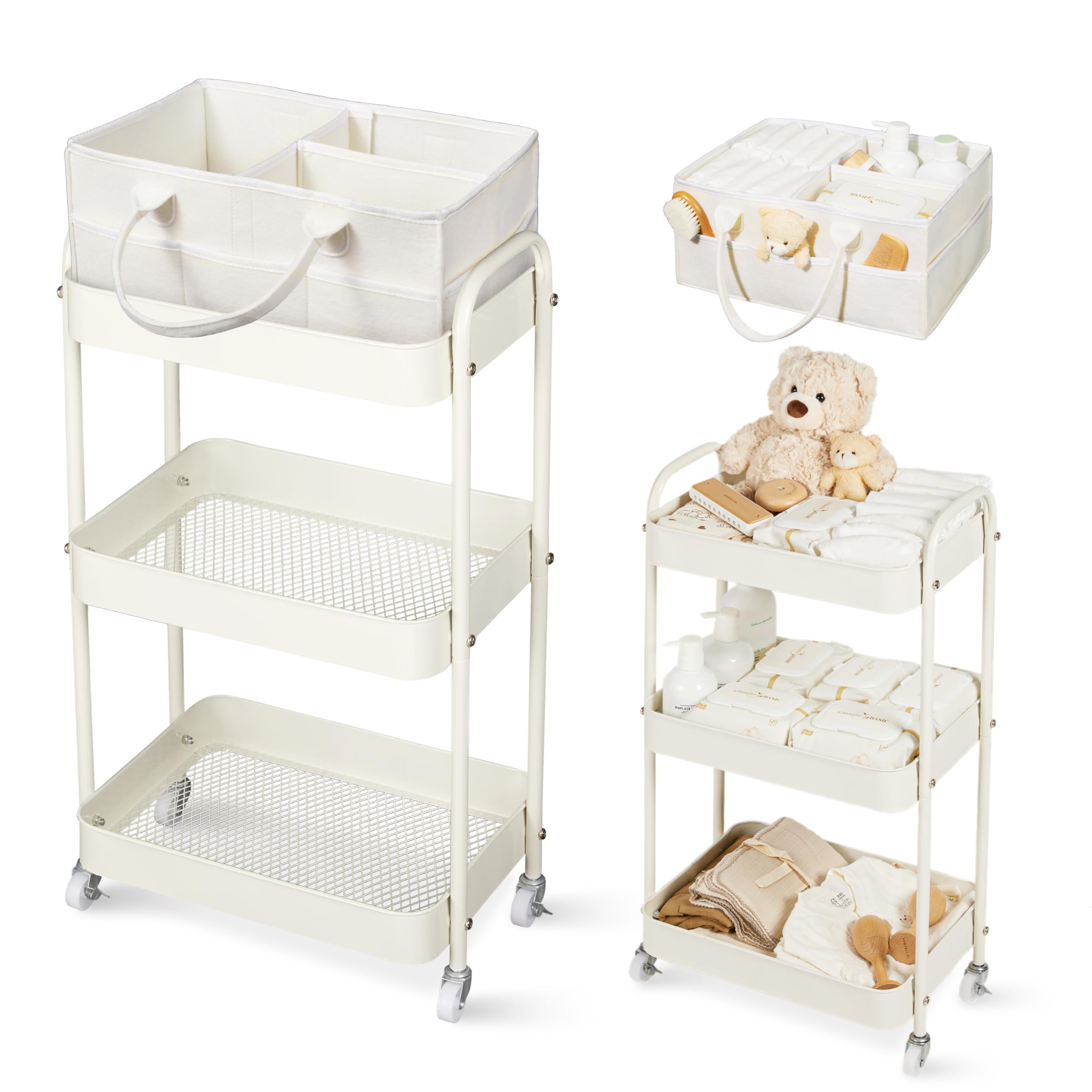 Fortella Desserte à Roulettes avec Panier Rangement Bébé, Chariot de Rangement 3 Niveaux, Sac a Langer Bebe Portable, rangement Table a Langer Bebe, Organisateur Cuisine Chambre, Salle de Bain (Beige)