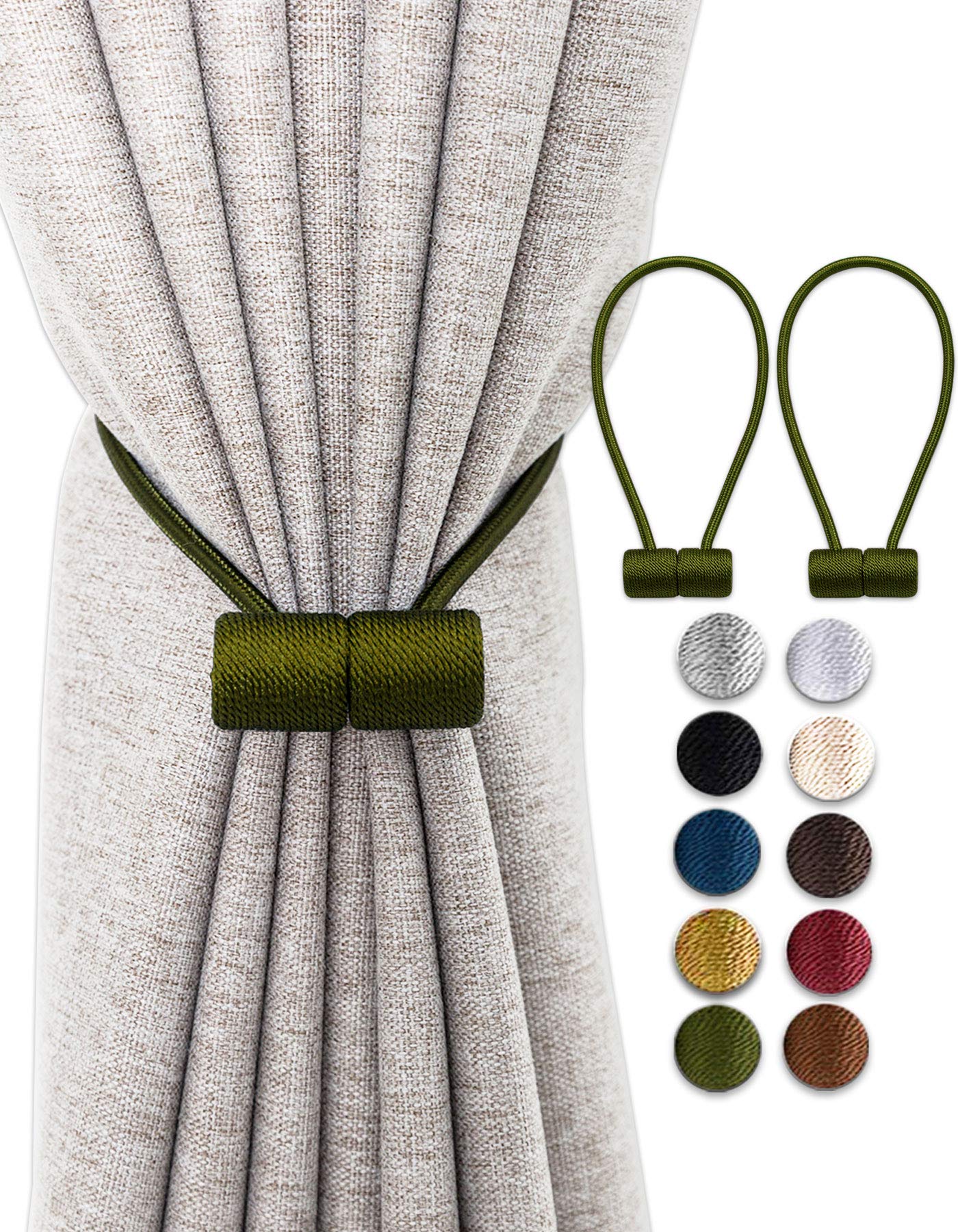 OUdini Curtain Tiebacks, Drapery Tiebacks Curtain Holdback Rope Curtain Holder Buckles for Blackout/Sheer Window Treatment/Olive/2Pcs
