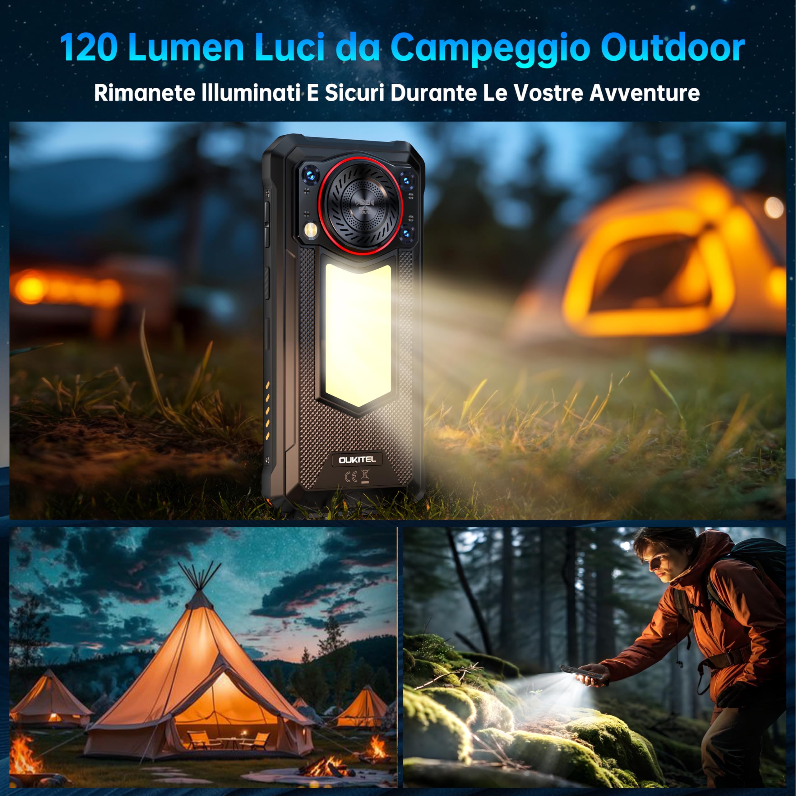 OUKITEL WP53 PRO Rugged Smartphone, 900LM Luce Campeggio - Android 15 128dB Altoparlante, 24GB+256GB Telefono Indistruttibile - 11000mAh 50MP +8MP 6.52" HD Rugged Phone IP68/IP69K/NFC/BT5.0/OTG/GPS