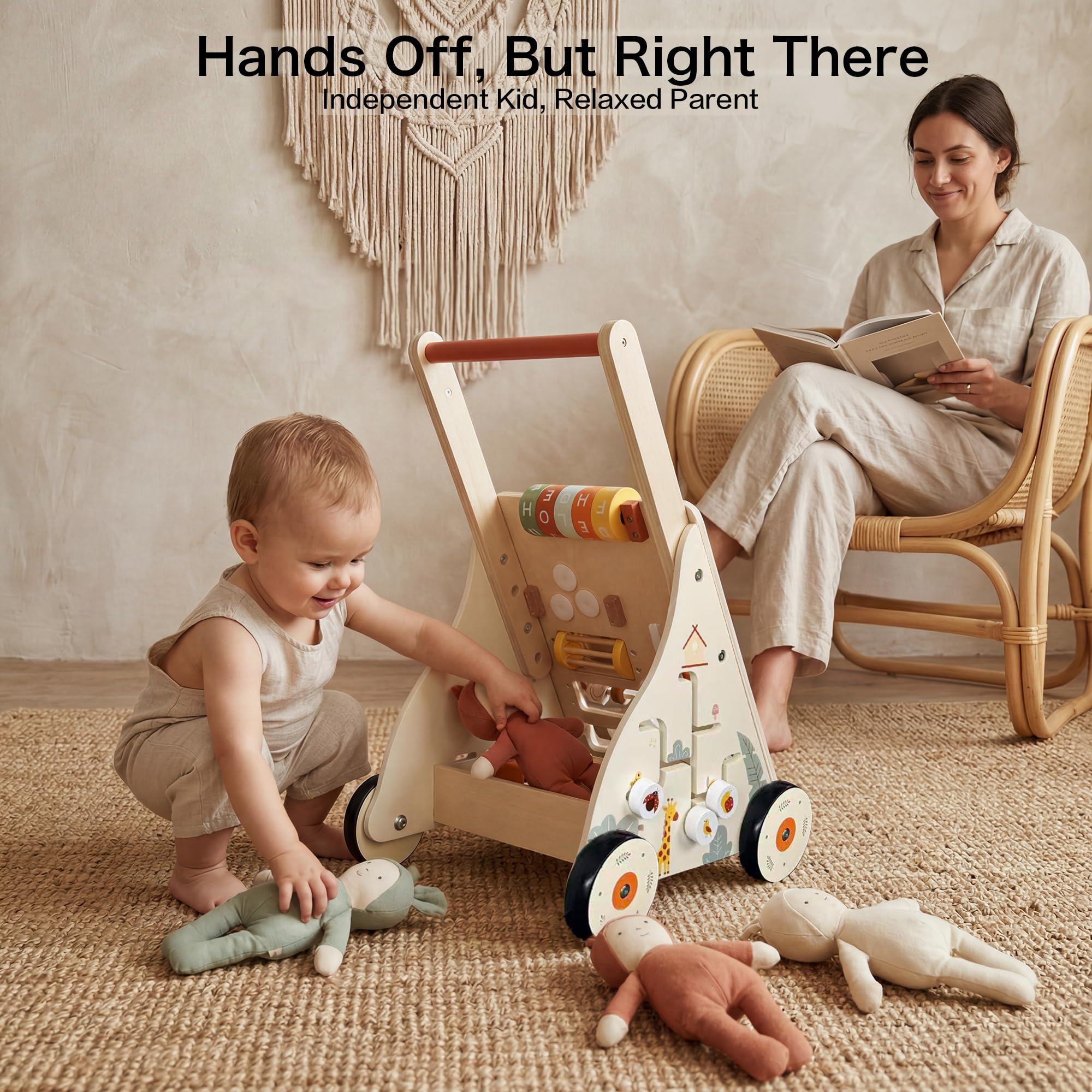 Baby Walker aus Holz mit Rädern, Baby Push Walker Activity Center für Babys ab 18 Monaten, Montessori Walking Spielzeug zum Laufen lernen, Kleinkind 1. Geburtstag Geschenk
