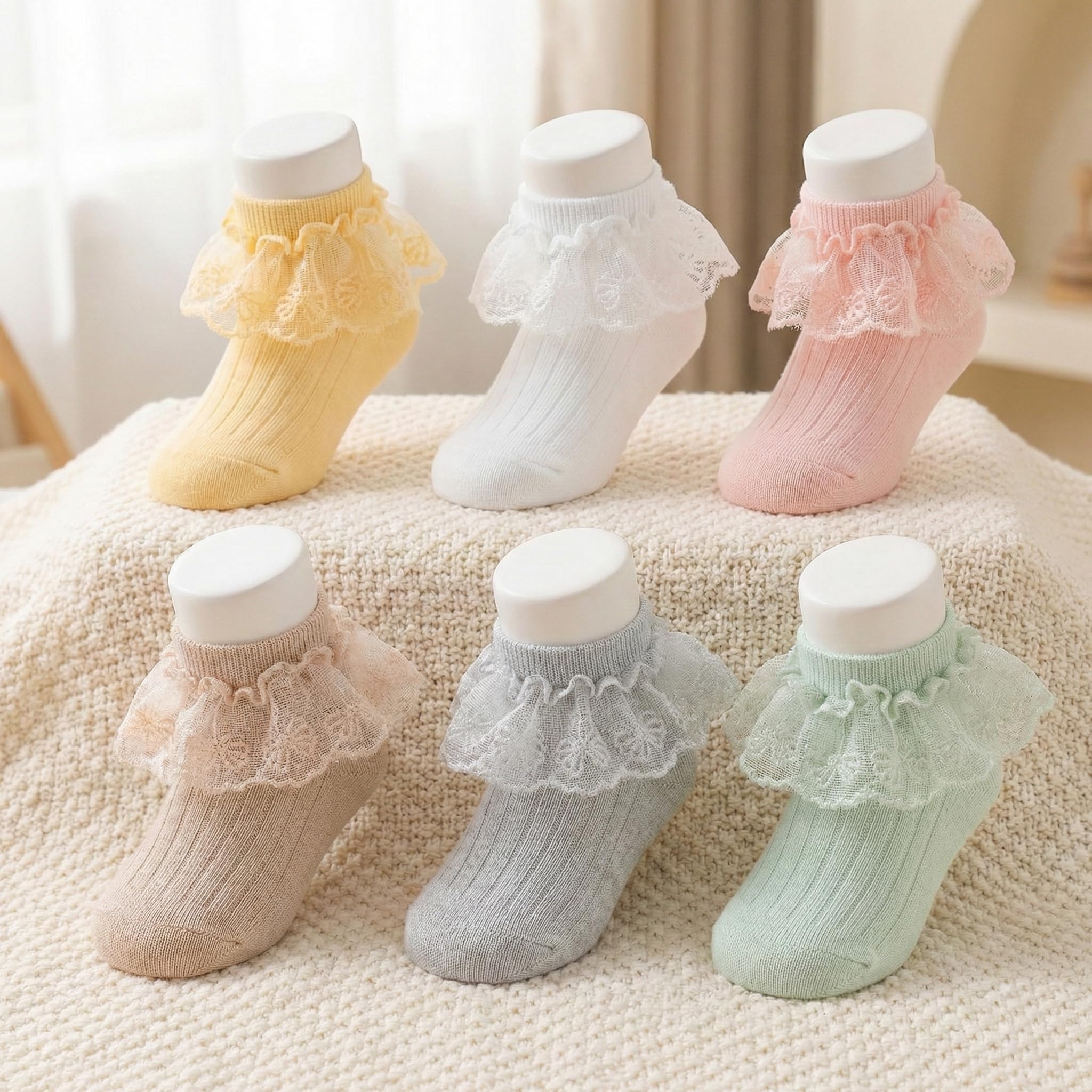 6 Paar Baby-Socken mit Schleifen für Neugeborene, Prinzessinnenrüschen, gestrickte Baumwollsocken für Säuglinge, Kleinkinder, Kinder