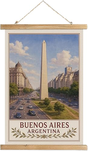 Buenos Aires Argentina - Póster artístico de pared, impresión vintage de viaje con monumento a Obelisco, rollo colgante de lienzo de lino con marco