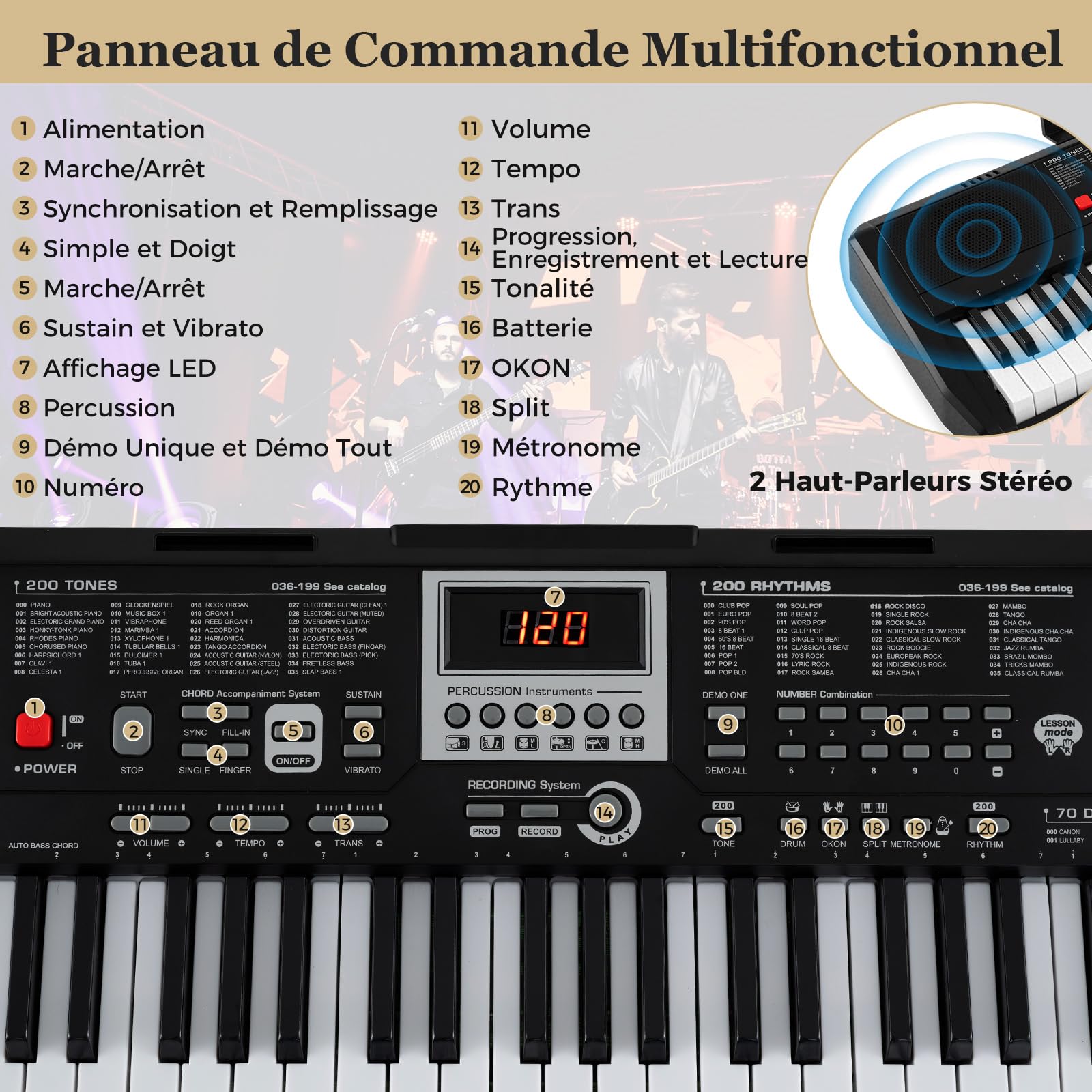 COSTWAY Piano Numérique 61 Touches avec Casque Pupitre Microphone, Clavier Piano avec 2 Haut-Parleurs, Touches Lumineuses, Mode d'apprentissage, 200 Sons 200 Rythmes 70 Démo pour Débutants