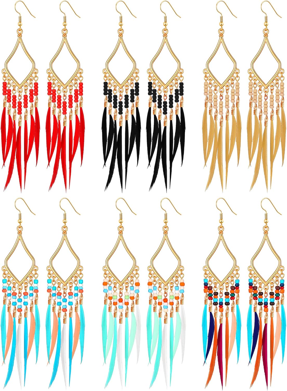 Beaded feather tassel earrings handmade for women and girls
