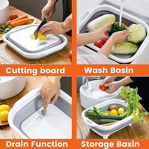 Miniatura 3 de VOZOW Tabla de cortar plegable, 3 en 1, tabla de cortar plegable multiusos con colador, fregadero de campamento, cesta de frutas, cesta de verduras