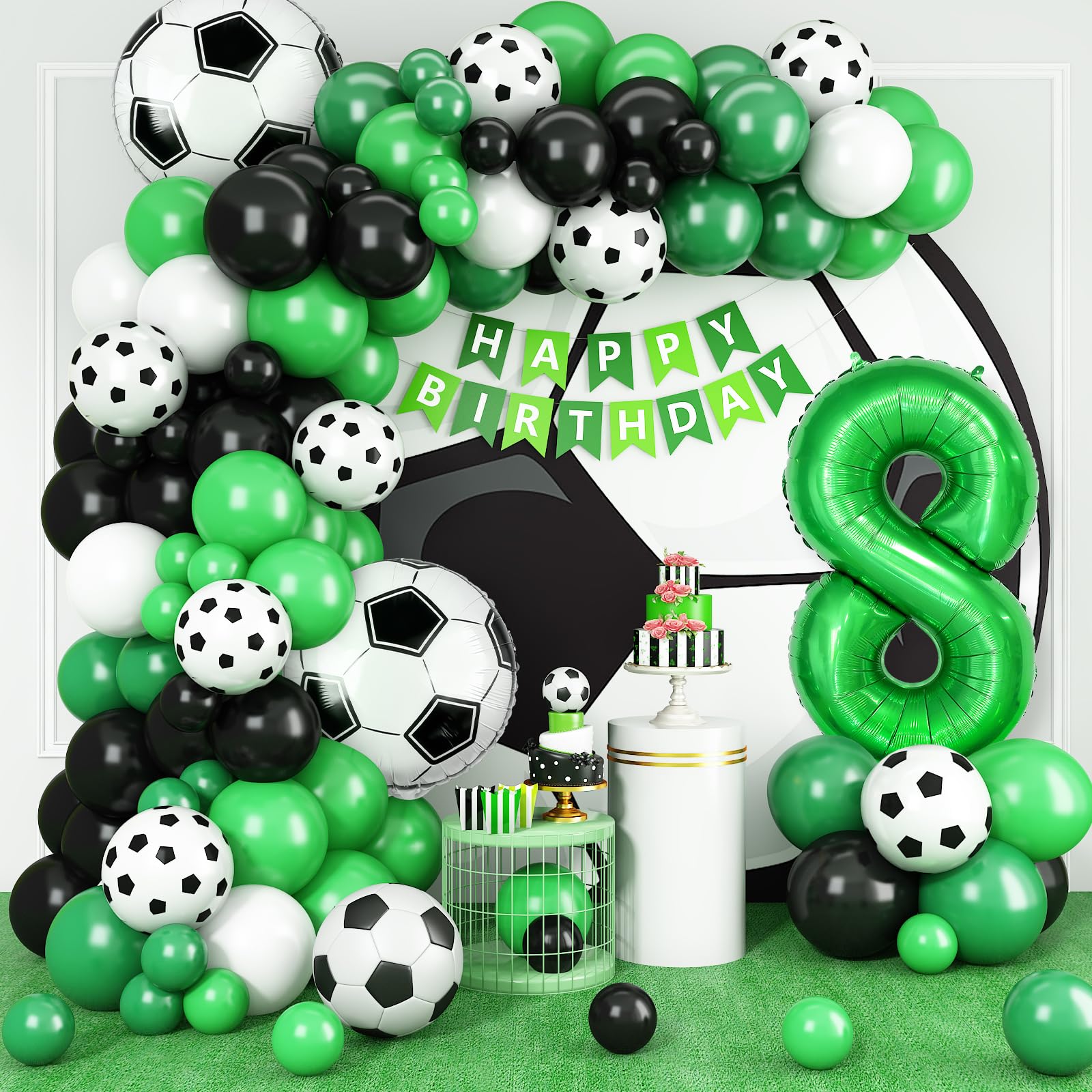 8th Birthday Soccer Balloon Arch,8th Soccer Garland Kit with Green Number 8 Balloon Football Balloons for Boys Kids 8 Birthday Party Decorations