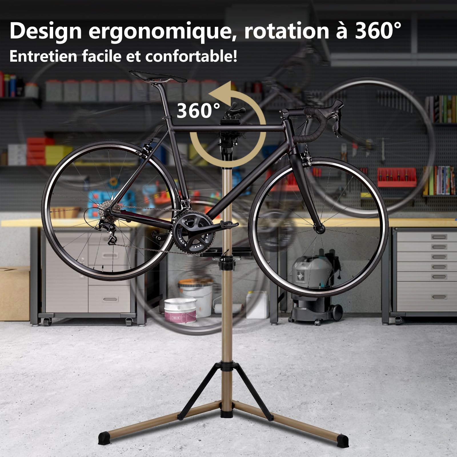 Urban Deco Support de réparation de vélo Support de vélo en aluminium pour l'entretien, capacité de 30,8 kg, réglable en hauteur, pince rotative à 360°, plateau à outils inclus