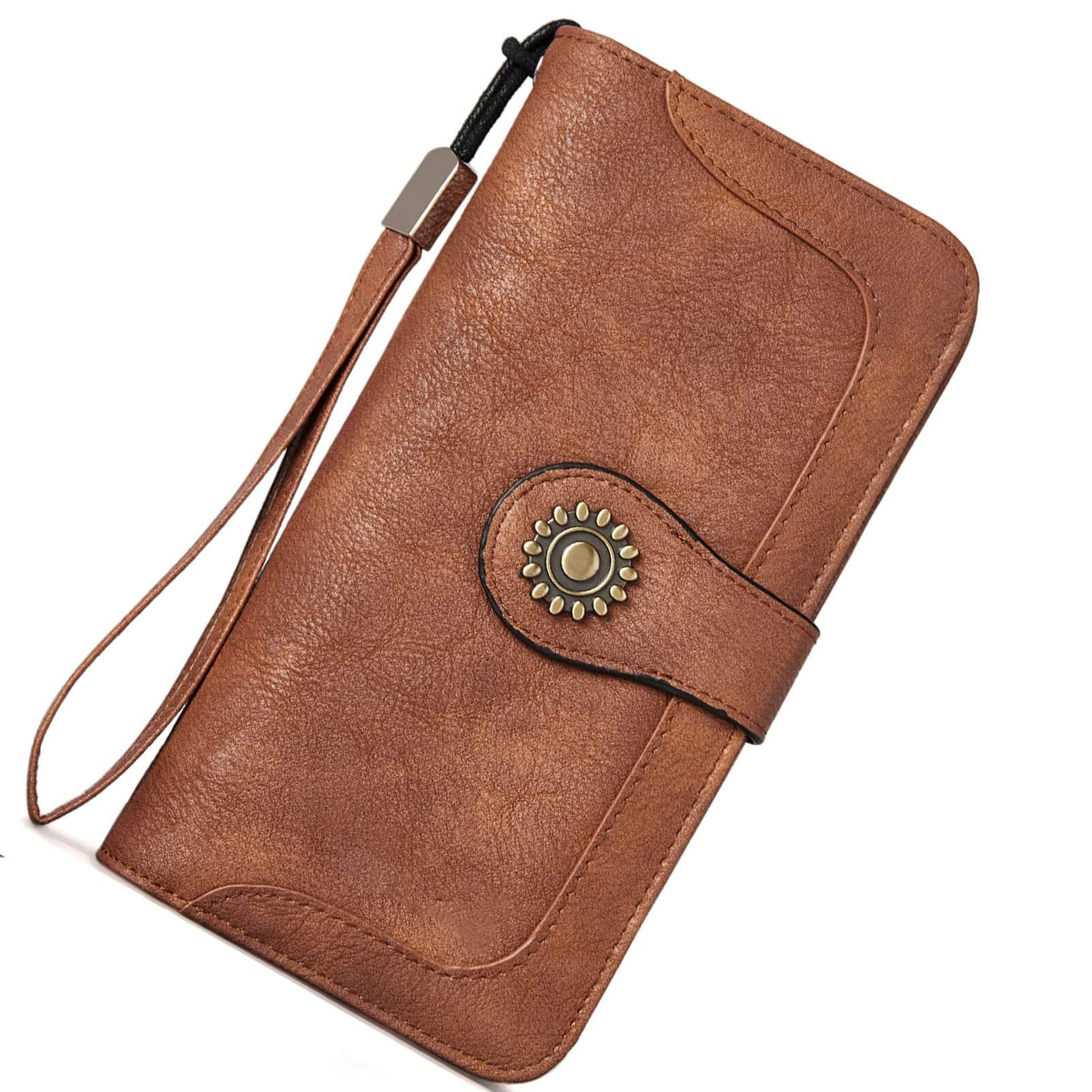 BROMENLeather Wallets for Women RFID Blocking Large Capacity Credit Card Holder Clutch Purse Wristlet Retro Brown