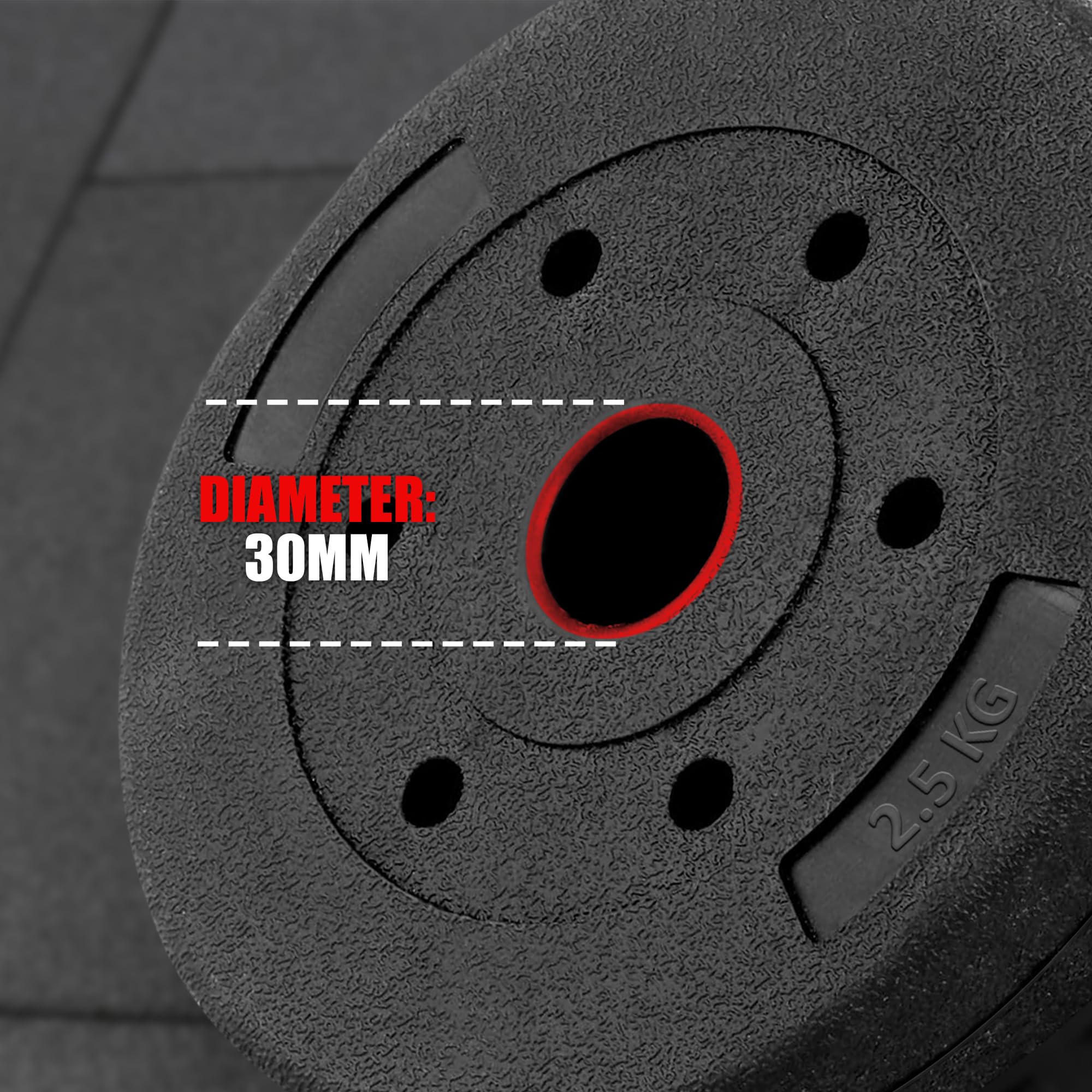 wuuhoo® Piastre per Pesi in Cemento Mike 30mm, Set 20kg - 30kg, rivestite in Nero, 1,25, 2,5, 5, 10 kg, Piastre per Pesi per bilancieri in plastica, Fitness a casa - Set 2-30kg
