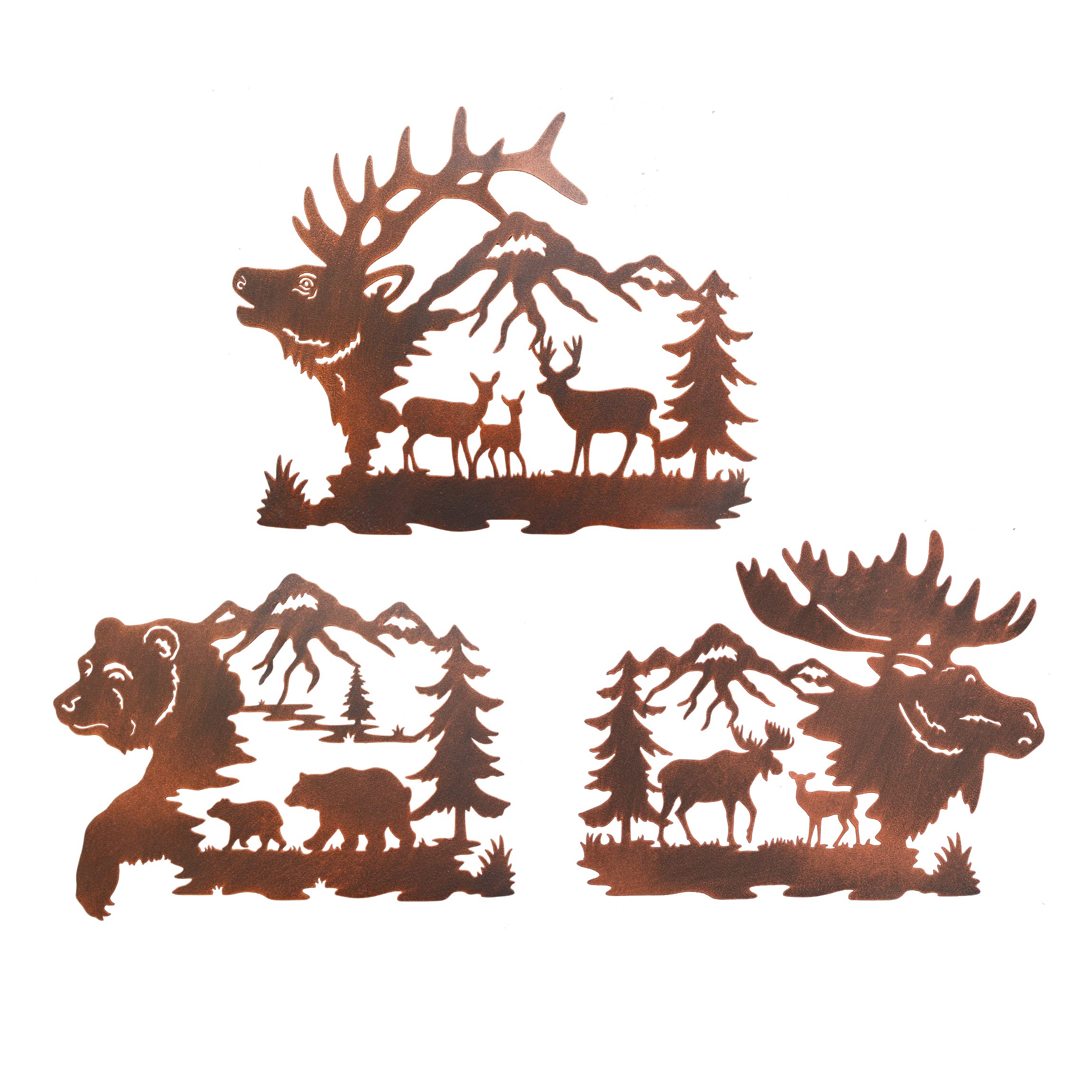 BVLFOOK Cabin Deer Beat Moose Metal Brozne Wall Art Decor, 3 Pack Mountain Hunting Decor Decoration Hanging for Indoor Outdoor Lodge Rustic Style
