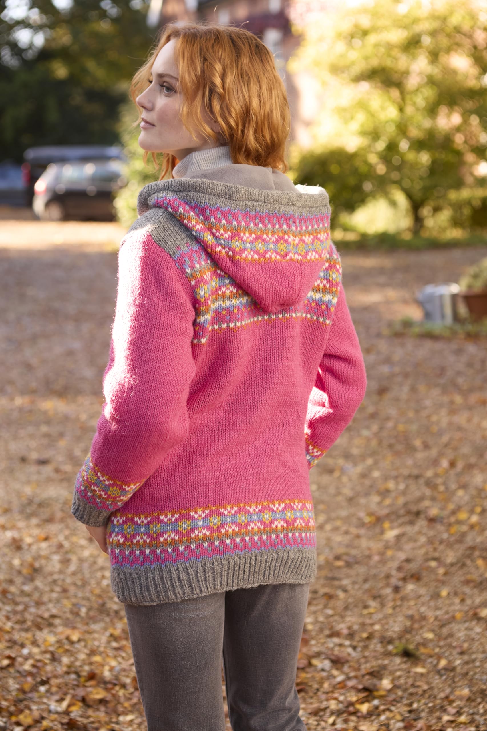 Pachamama Damska wełniana bluza z kapturem z podszewką polarową ręcznie robiona tradycyjna Fair Isle kolorowa ręcznie robiona gruba termiczna bardzo ciepła kieszeń bluza z kapturem kurtka Fair Trade