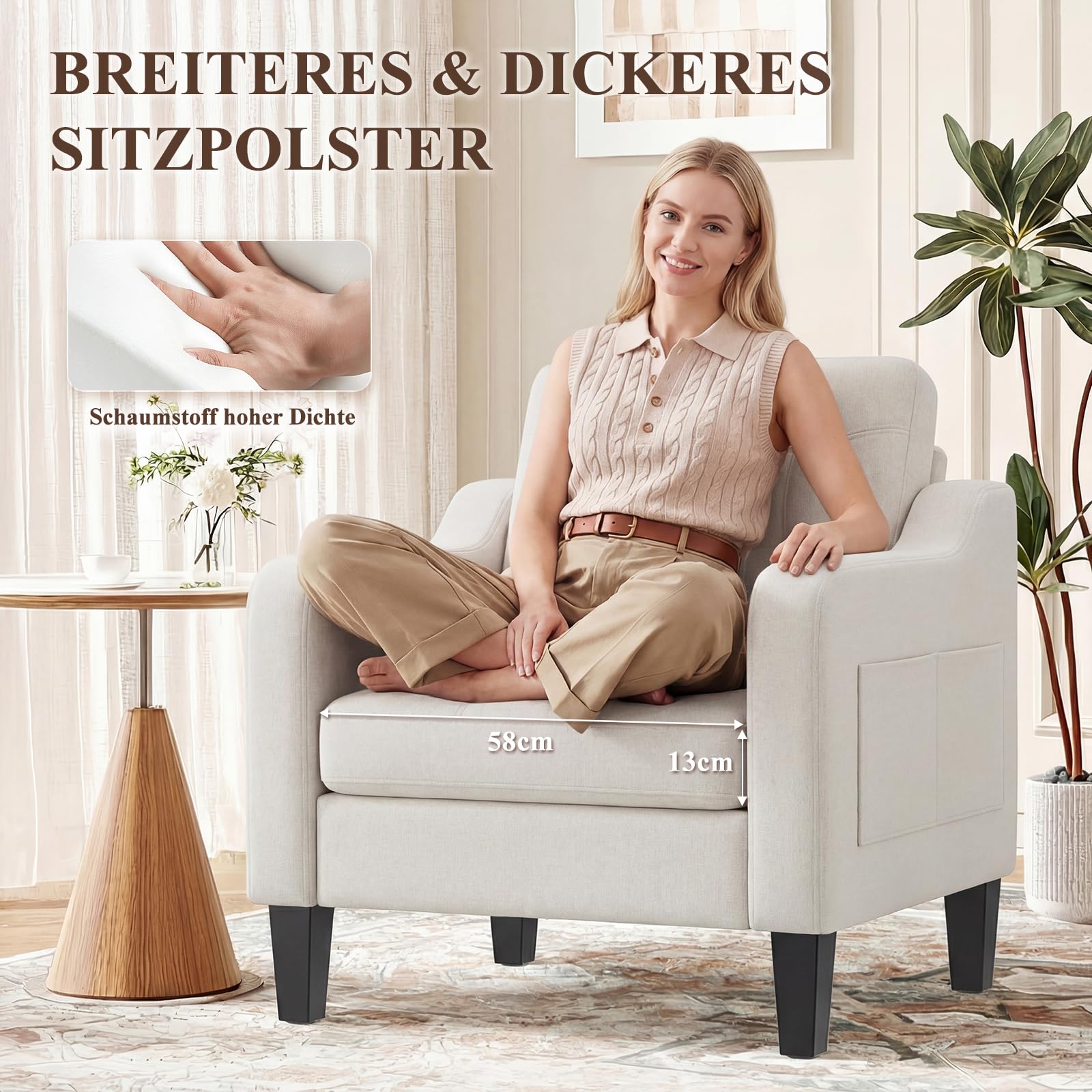MALOL Sessel Wohnzimmer, Ohrensessel Wohnzimmer mit Ausklappbarer Holzseitentisch, Polstersessel mit Armlehnen Einzelsofa, Relaxsessel，Lesesessel für Wohnzimmer Büro Schlafzimmer, Beige