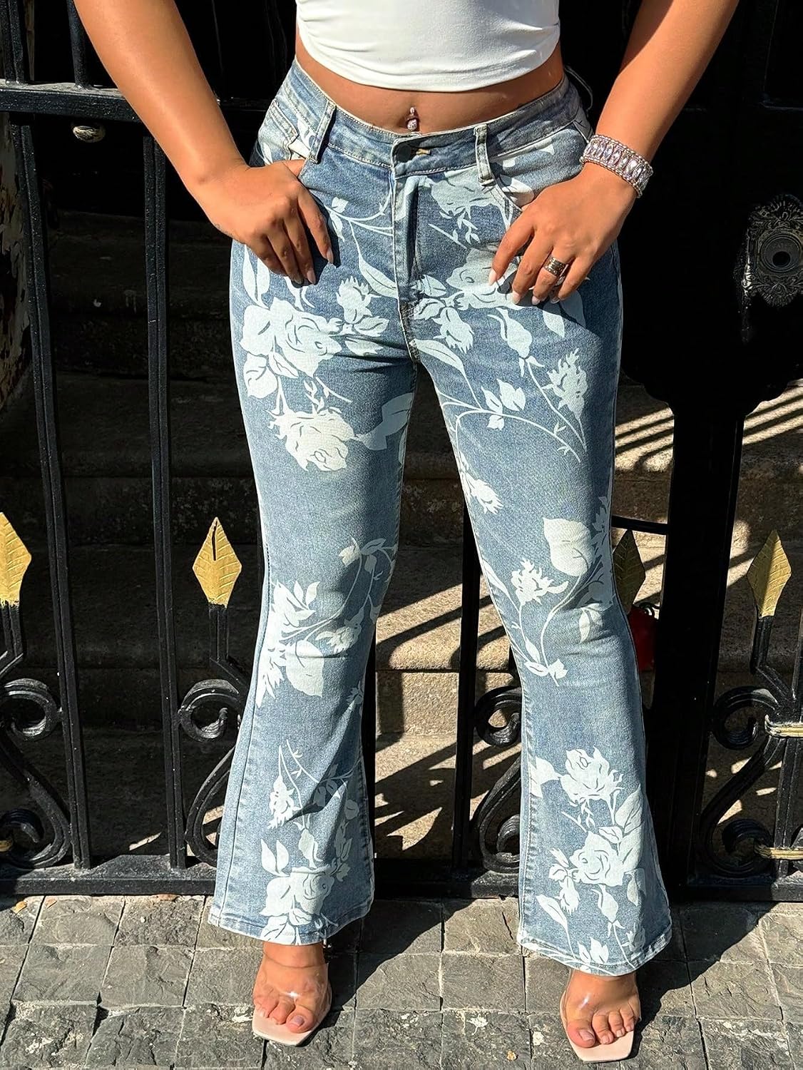 Women's Floral Jeans Stretch Printed High Waisted Bootcut Pants | Floral Embroidered,Bell Bottom Flare Jeans,Casual,Printed,Stretch,Pocket,Daily,Dating Wear,Butt Lifting,Slim Fit,Ladies