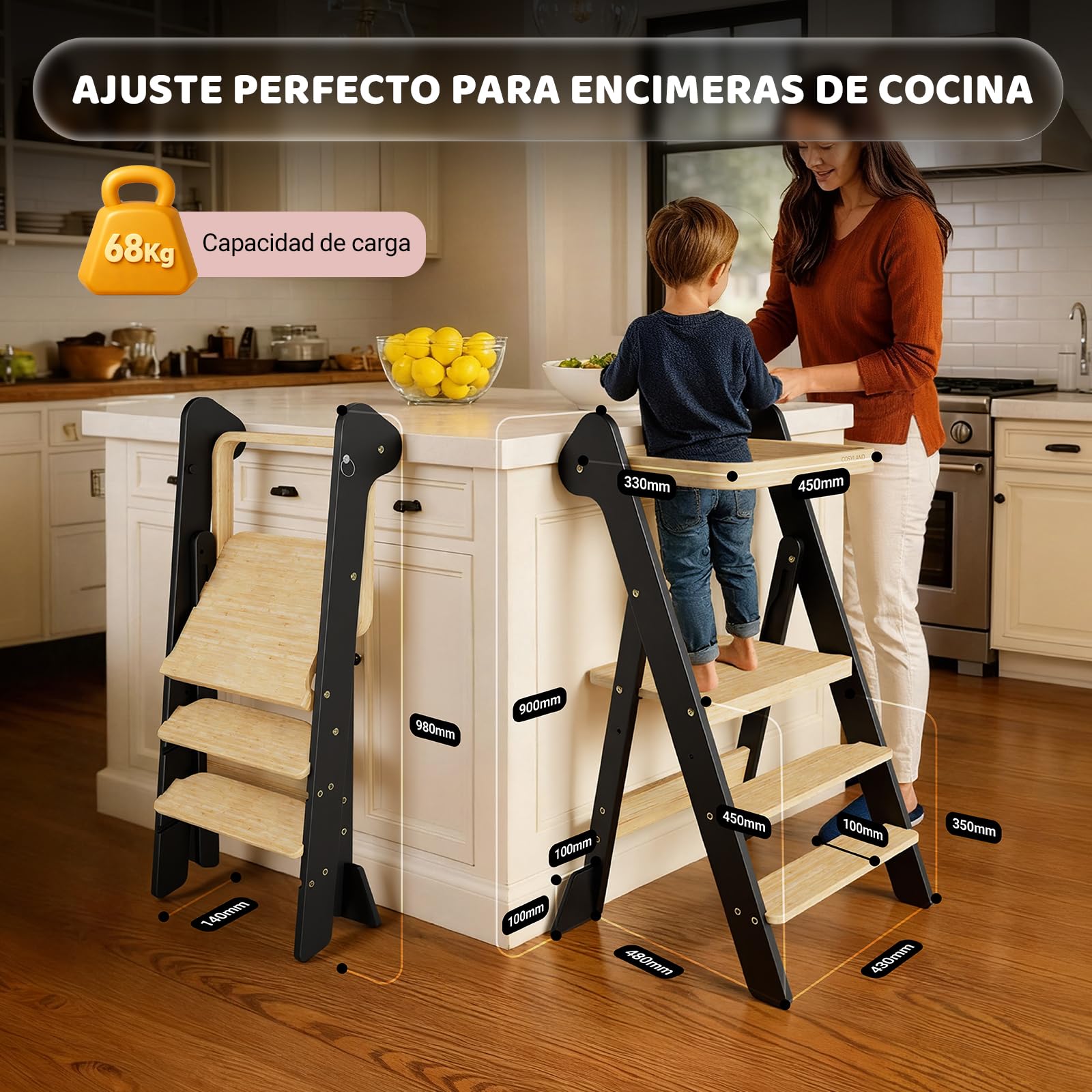 COSYLAND Torre de Aprendizaje Plegable Desde 1 Año – Premio iF Design, Torre Montessori con Red de Seguridad y Altura Ajustable, Ideal para Cocina y Baño, Foldi (Negro y Natural)