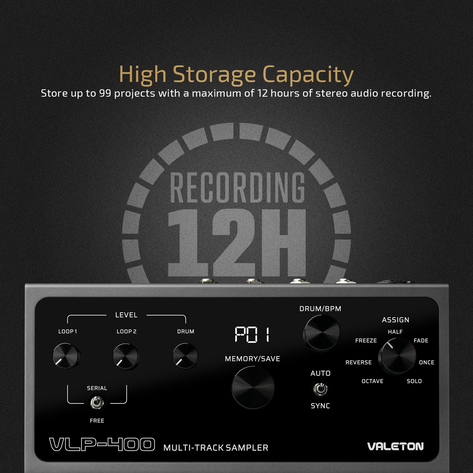 VALETON Pedale Looper Stereo a Doppia Traccia con Macchina a Tamburo Automatica, 7 Effetti di Loop, 99 Memorie di Progetti, Compatibilità MIDI/CTRL per Chitarra, Basso, Tastiera, Voce VLP-400