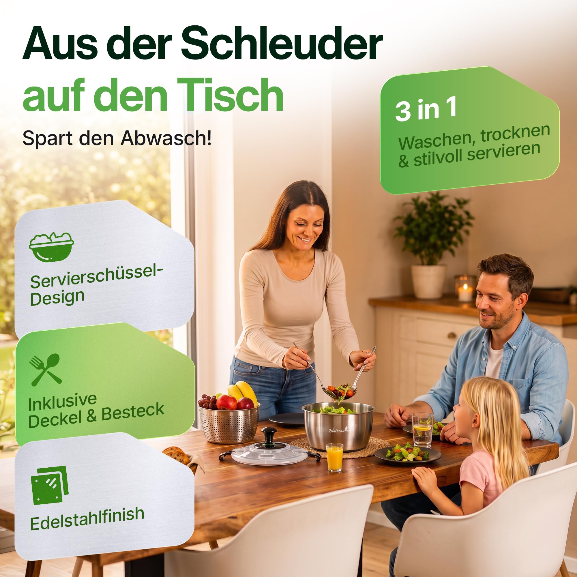 Salatschleuder Edelstahl 5 Liter Komplettset mit Deckel BPA-frei 2 Salatlöffel und Rezept Ebook Schleudern ohne Plastik für Gemüse und Kräuter