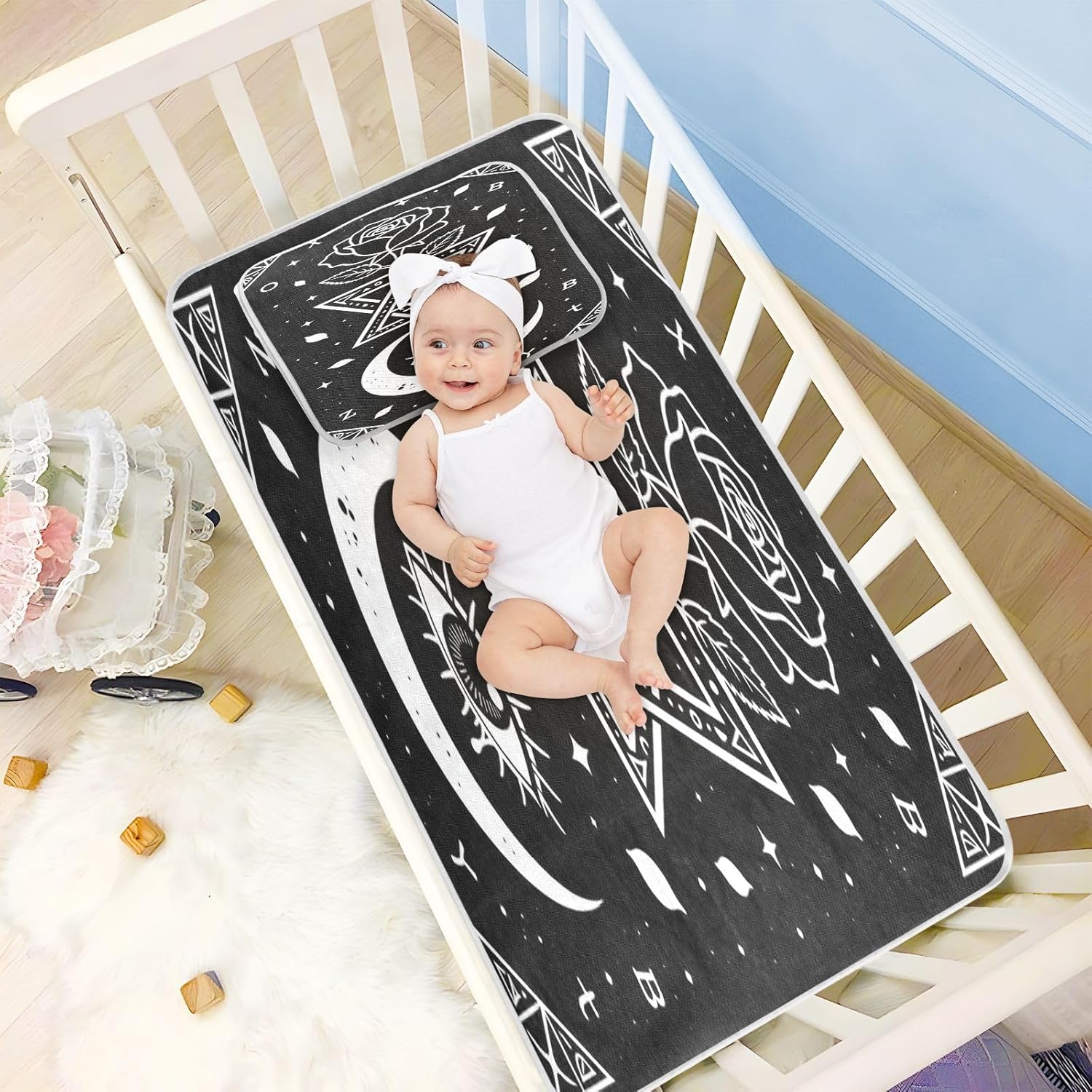 Cooling Baby Mattress Protector 28" x 52" Breathable Occult Crescent Moon Rose Gothic Village Witch Witchcraft_00001_00001 (2) Pads Washable Waterproof for Baby&Toddler