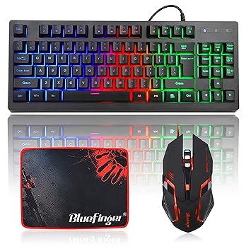 TechGuy4u RGB 87 Keys Gaming Keyboard and Backlit Mouse Combo,BlueFinger USB Wired Rainbow Keyboard,Gaming Keyboard Set for Laptop PC Computer Game and Work (87 Keys Gaming Keyboard, Black)