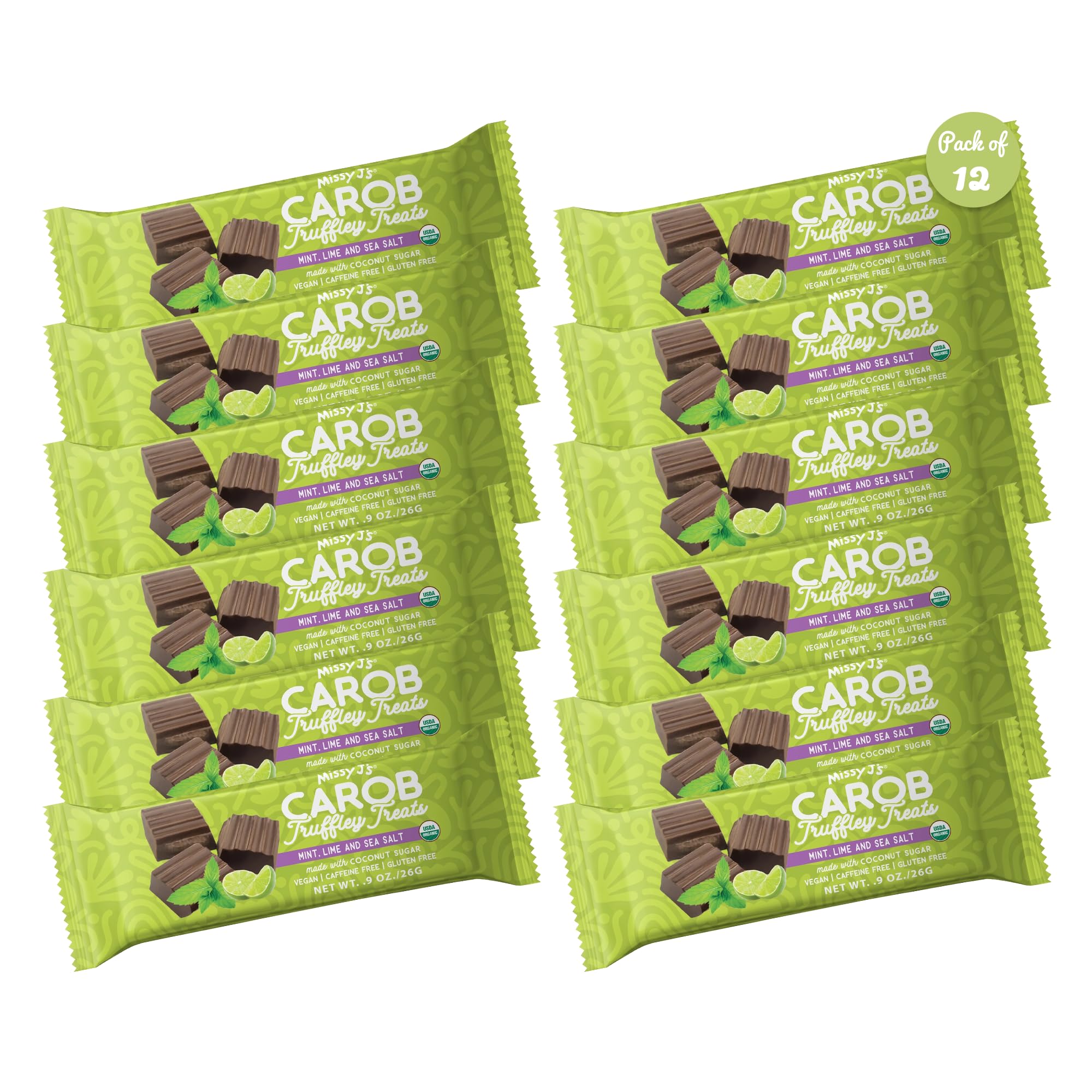 Missy J's Organic Carob Mint Truffley Treats 1.38 Oz 12 Pack, Made w/Coconut Sugar, Vegan, Gluten and Caffeine Free Healthy Substitute for Chocolate, Perfect for Snacks and Treats