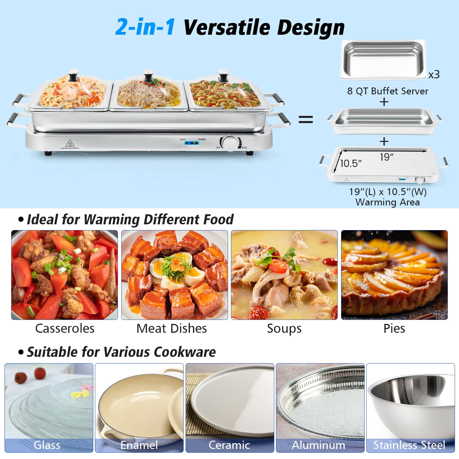 ARLIME Food Warmer Buffet Server, 450W Stainless Steel Electric Warming Tray, Adjustable Temperature, Transparent Lids w/Spoon Slot, 8 Quart Chafing Dish Set for Parties, Banquets, Catering Events