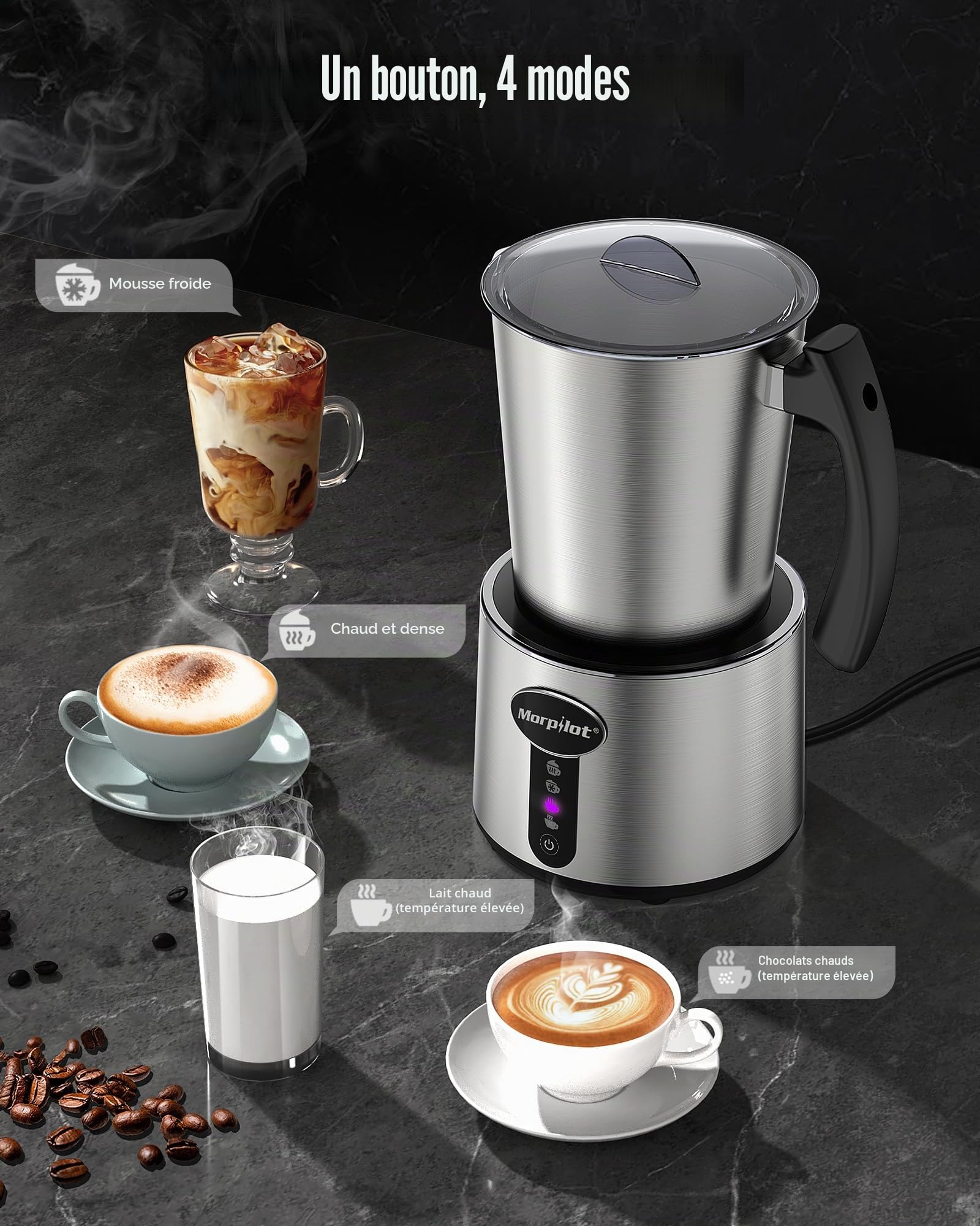 Morpilot Mousseur à Lait Électrique Divisé, 500ml Chauffe Lait, Milk Frother en Acier Inox 4 en 1 à Mousse de Lait Chaude et Froide 230ml, Emulsionneur de Lait pour Latte Cappuccino Macchiato