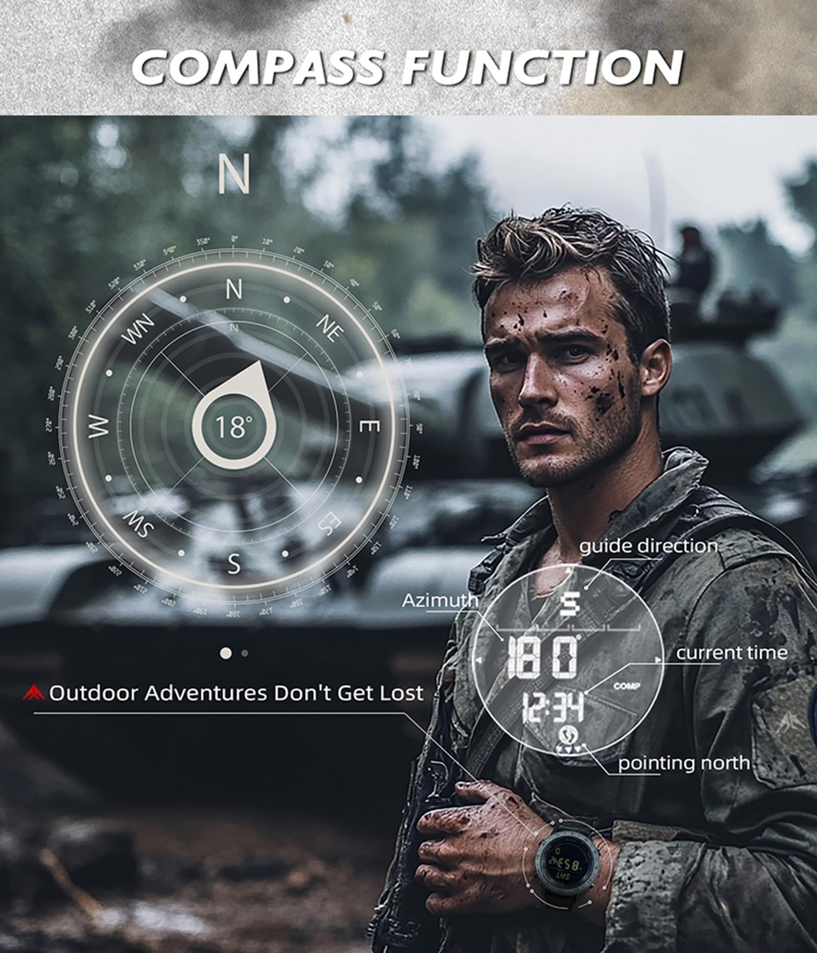 findtime Montre numérique militaire pour homme - Podomètre - Boussole - Vitesse 50 m - Étanche - Montre de sport pour homme - Montre de course pour homme - Éclairage EL - Coutdown - Chronomètre