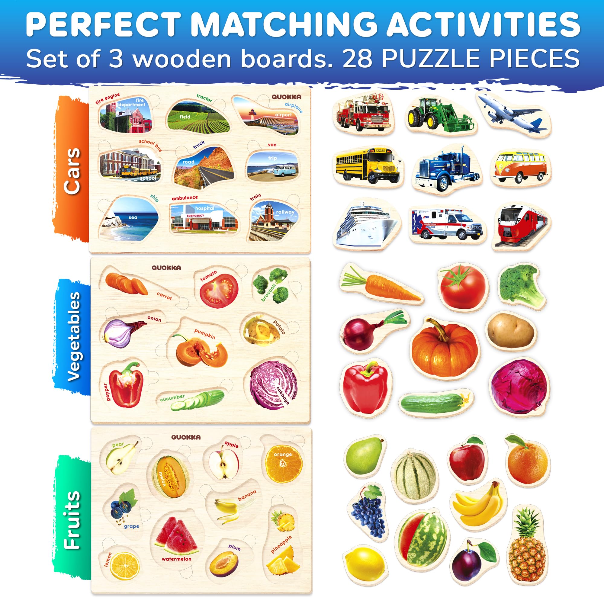 QUOKKA Wooden Puzzles for Toddlers 1-3 – 3xSET Kids Puzzles Ages 2-4 – Montessori Toy Puzzle for Toddlers 3-5 – Wood Toy Learning Realistic Fruits - Cars - Vegetables for Boy and Girl