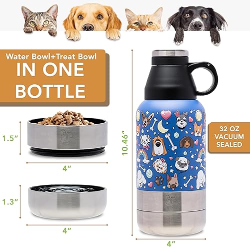 Miniatura 5 de Botella de agua de viaje para perros (32 onzas) con soporte para golosinas y cuencos desmontables  Dispensador de agua aislado y portátil de acero