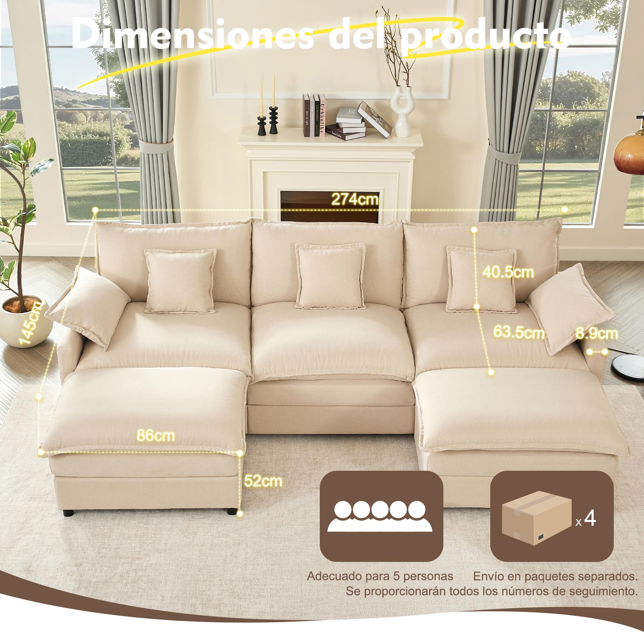274 cm Sofá Modular en Forma de U,Set of sofá de Esquina de 3 plazas con Taburete, diseño de Asiento Profundo, sofá Nube para Sala de Estar (Blanco Roto)