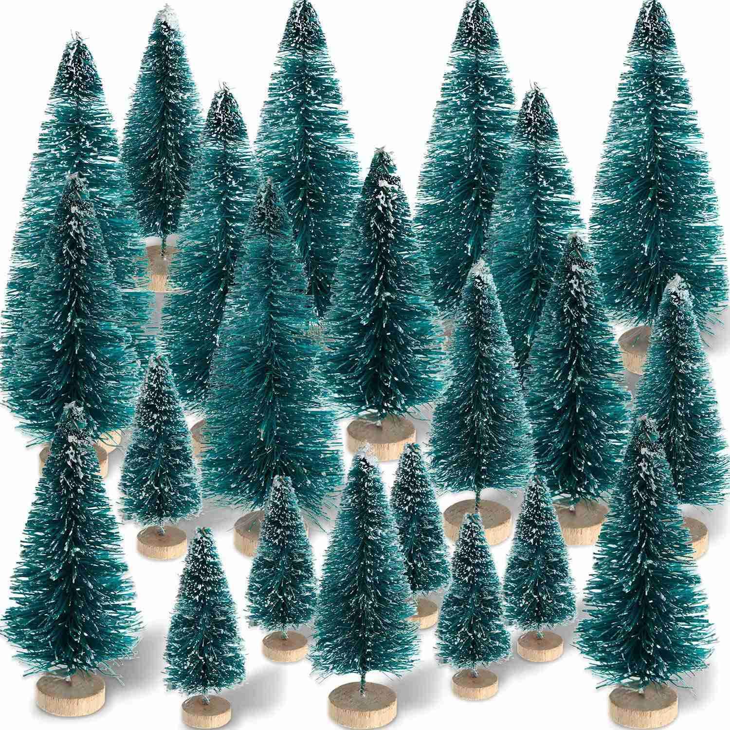 CTRLZS 60 Pieces Mini Sisal Snow Frost Trees Winter Pine with Wood Base Snow Ornaments Tabletop Trees for