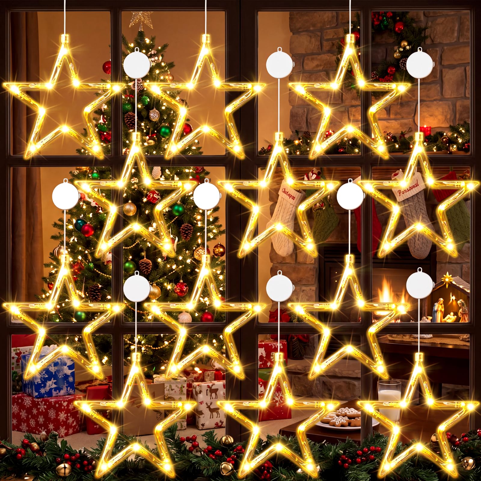 Tujoe 12 Stück Weihnachts-Fensterlichter, Dekorationen, beleuchtete Fenster-Silhouetten-Lichter mit Timer, Saugnapf, batteriebetrieben für Weihnachten, Urlaub, Neujahr, Innen- und Außenbereich