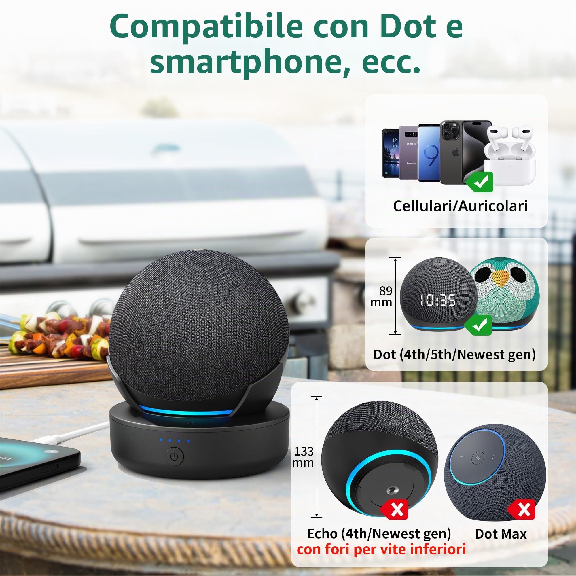 Batteria per Dot 5 generazione – 10000 mAh stazione di ricarica portatile accessori batteria senza fili con 16 ore di tempo di riproduzione (senza Dot 4 dispositivi) (nero)