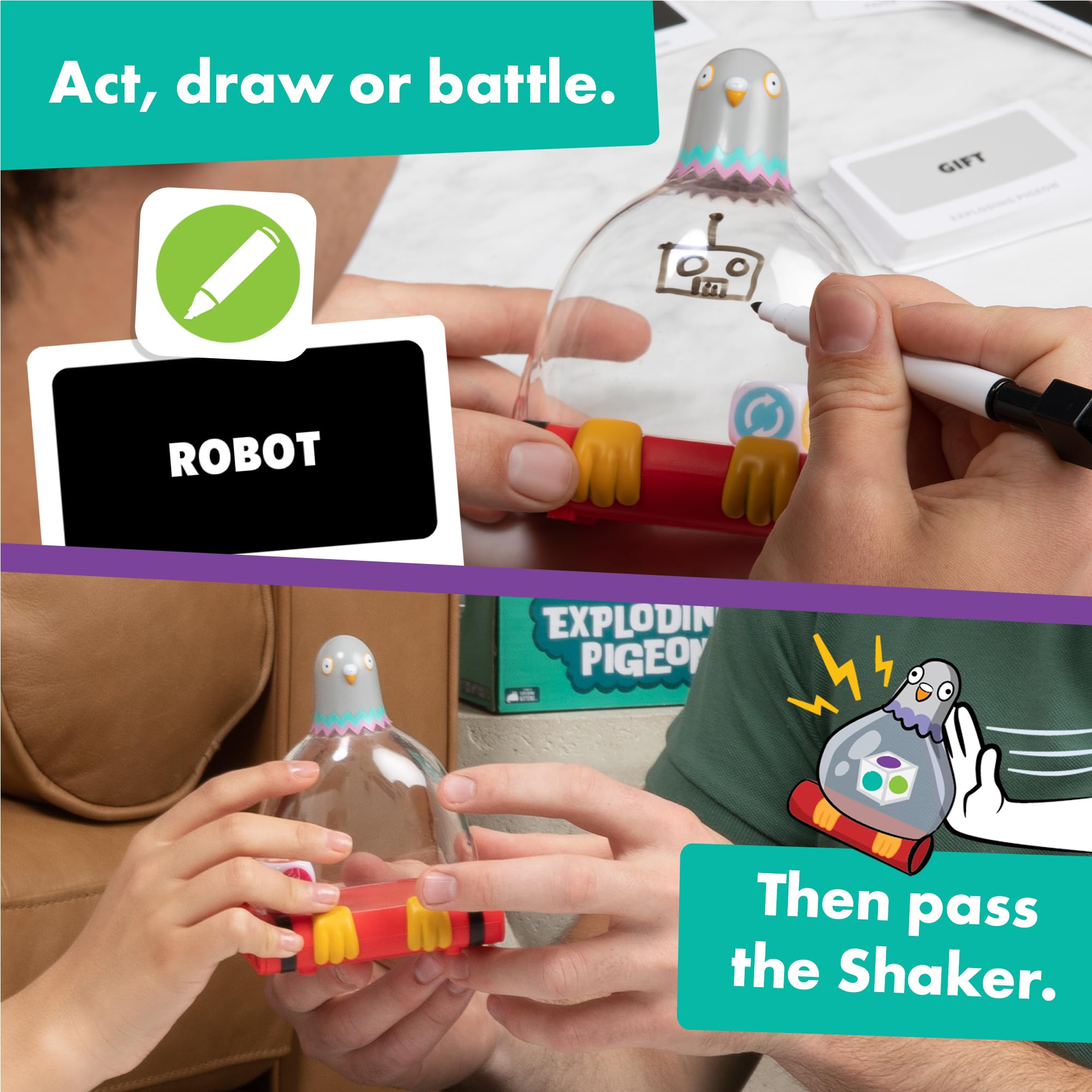 Exploding Pigeon: By Exploding Kittens, 3+ Players, Age 7+ Party Game | Shake the pigeon timer, reveal team challenges, then draw, mime, and race through 75 quick-fire cards for family game night.