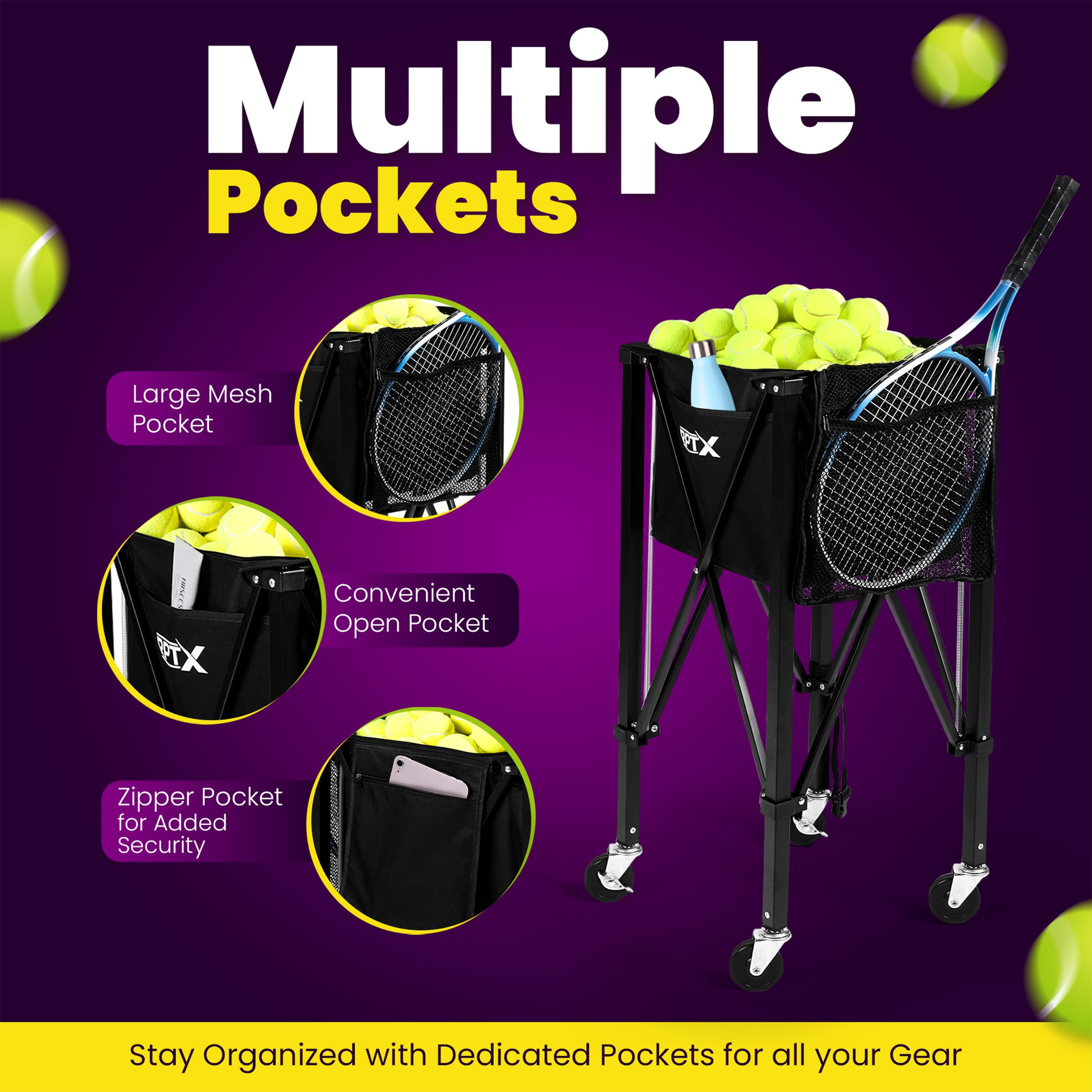 RPTX Tennis Ball Cart | Pickleball Ball Hopper | 150 Ball Capacity | Multiple Storage Pockets | Carrying Bag | Sturdy Pickleball Cart with Wheels | Ball Caddy for Practice & Training